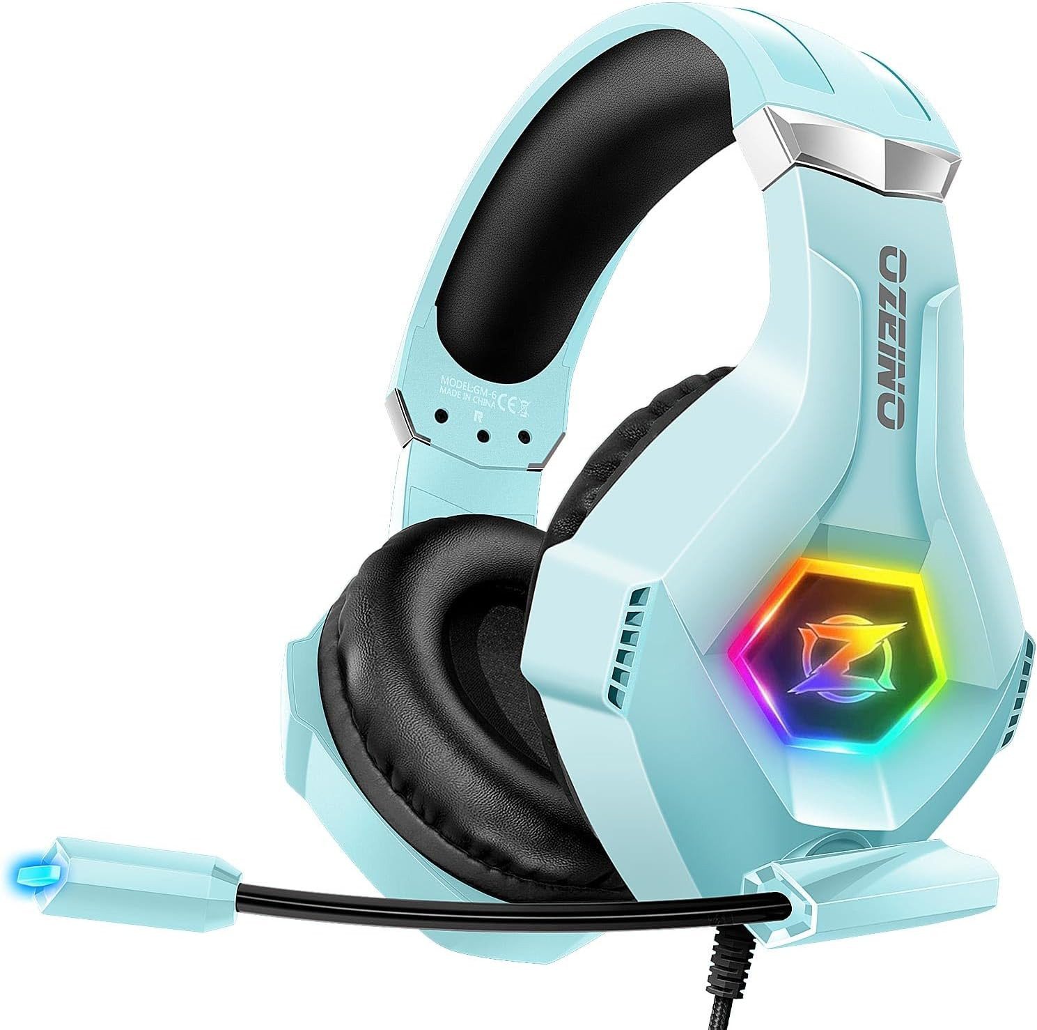 ozeino 3D Surround Sound Kopfhörer mit Mikrofon für Konsolen Gaming-Headset (Noise Cancelling Mikrofon sorgt für störungsfreie Kommunikation und klare Sprachübertragung während intensiver Online-Games., Noise Cancelling Headset mit RGB Licht für PC und Laptop)