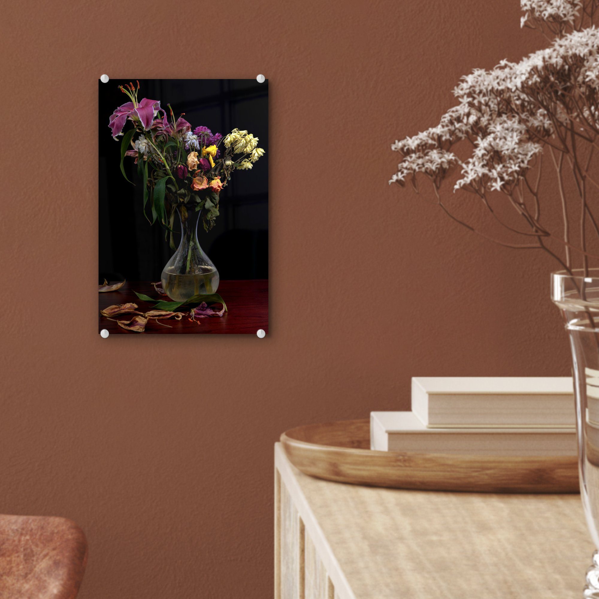Wanddekoration - - Verwelkt - Foto auf - Stilleben, Glas Acrylglasbild (1 St), auf Glasbilder MuchoWow - Blumen Glas Bilder Wandbild