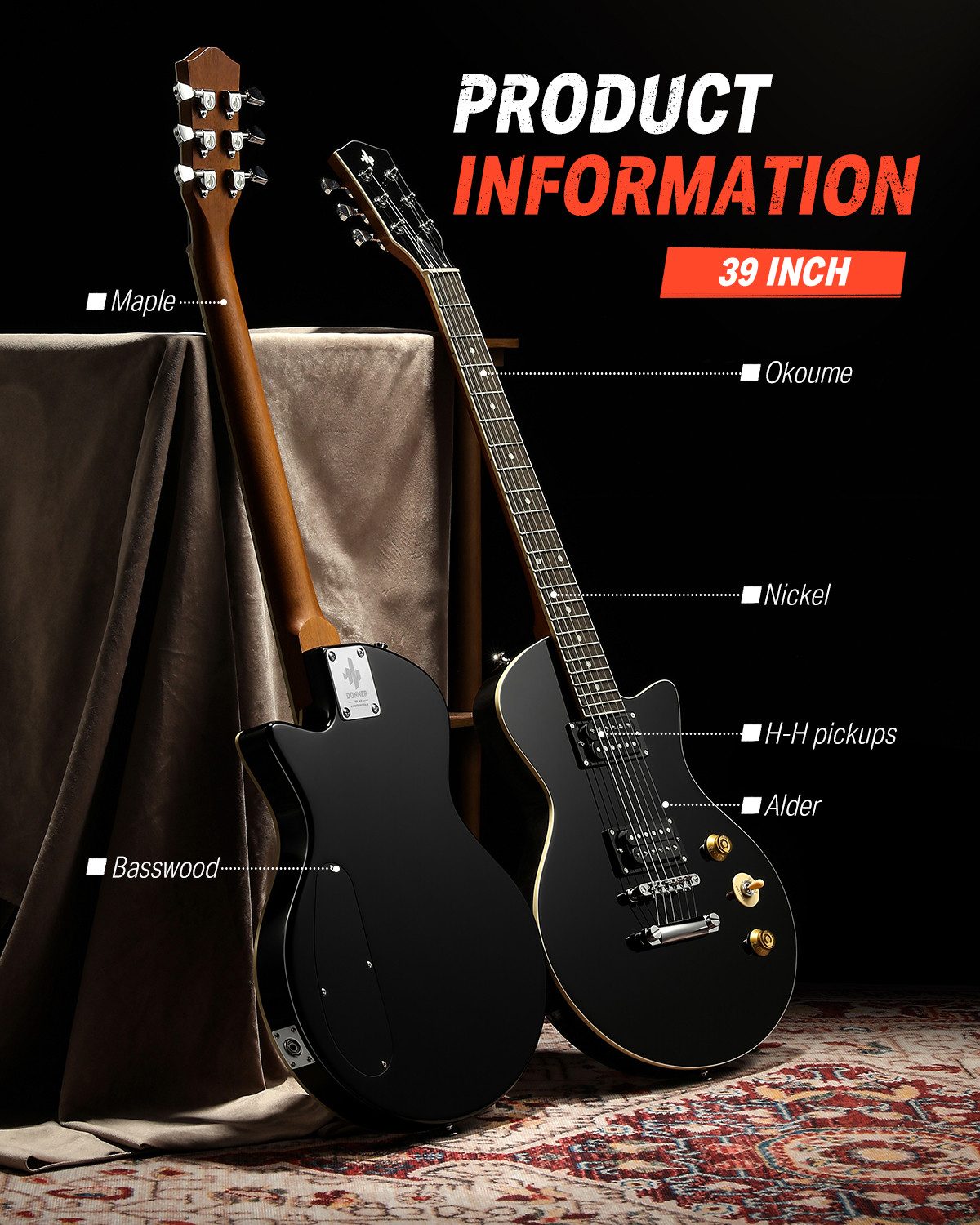 Donner E-Gitarre 39" Solid Body H-H Pickups Gitarren für Rock, Blues, Pop &Punk DSC-128, Gitarrenkoffer, Gurt, Kabel, Gitarrenkoffer, Gurt, Kabel, Solid Body Fü – Bild 5 von 5