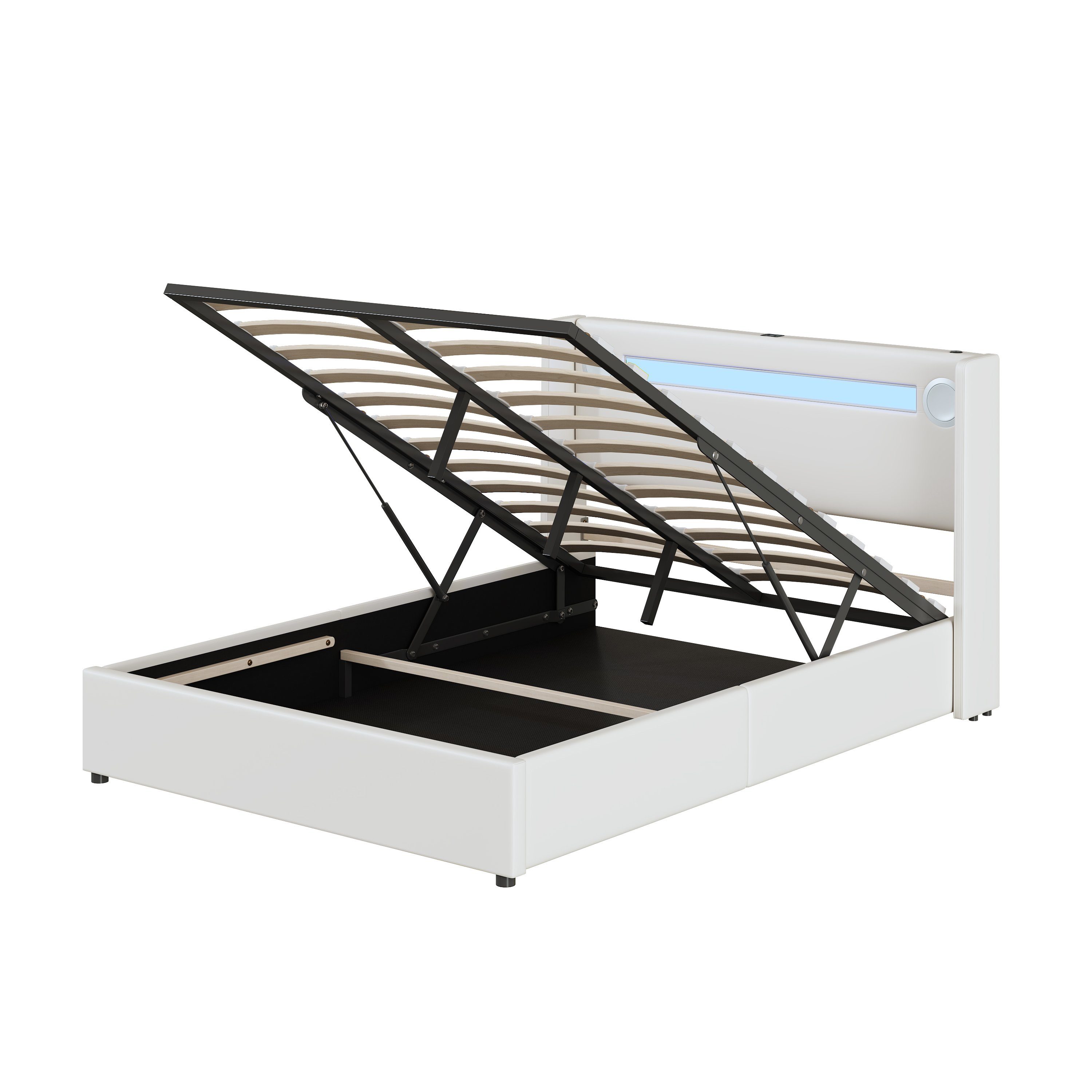 Polsterbett (Stauraumbett, Einzelbett), mit LED Beleuchtung/Bluetooth/USB-Aufladen, Kunstleder, 90x200cm