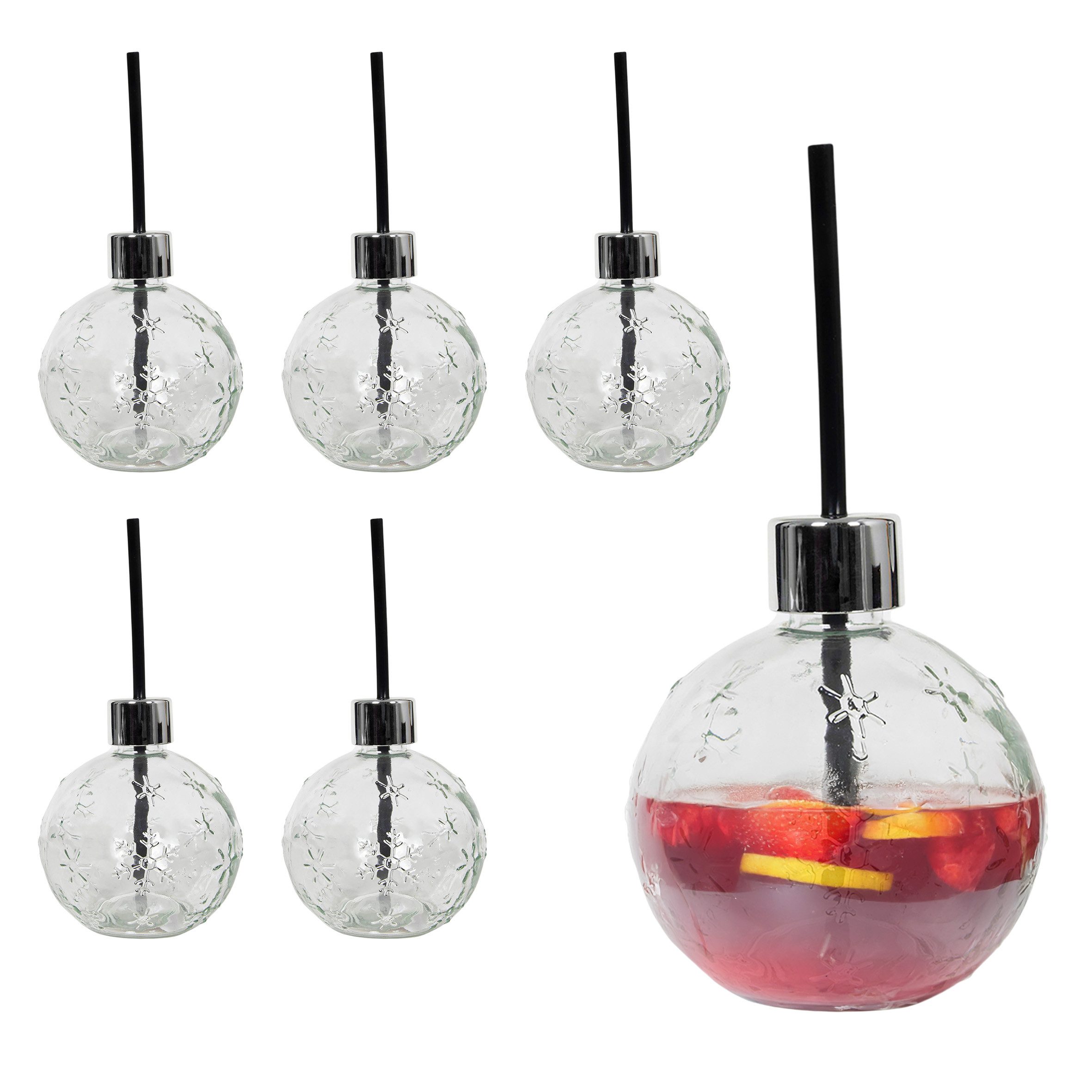 Spetebo Glas Christbaumkugel zum Trinken 400 ml 6er Set, 1-tlg., Glas / Kunststoff, inklusive Kunststoff Strohhalm
