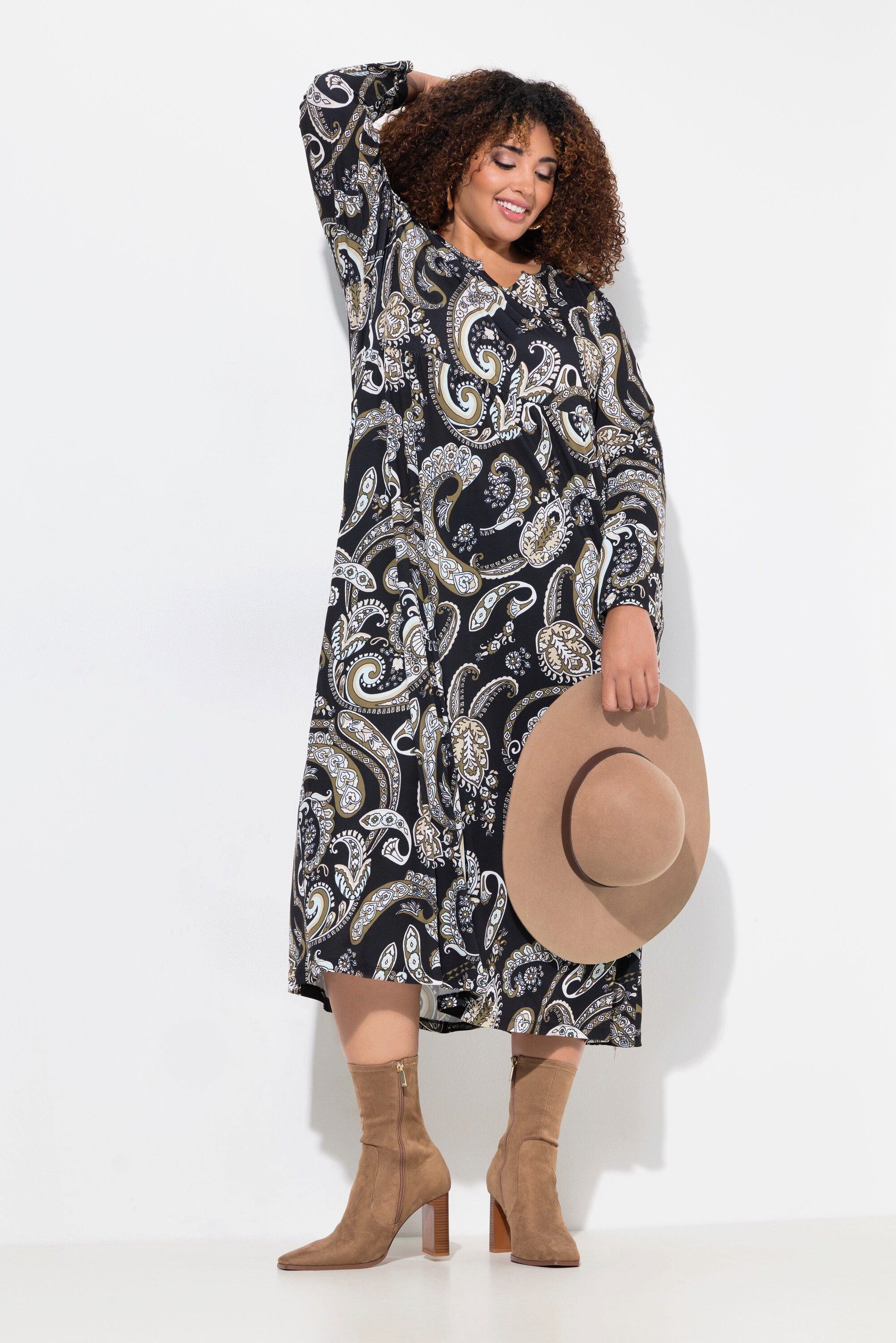 Ulla Popken Maxikleid Jerseykleid A-Linie Tunika-Ausschnitt Langarm