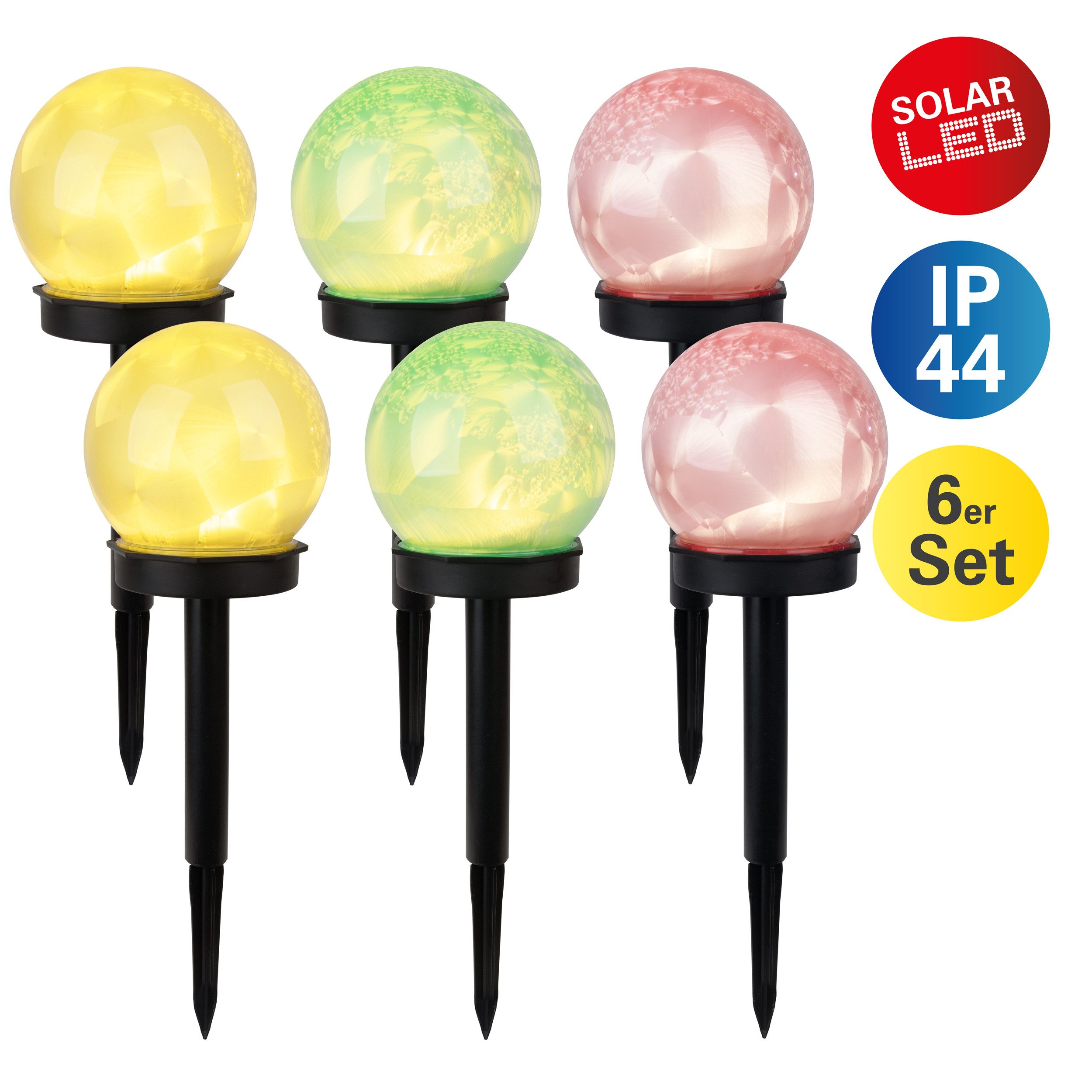 näve LED Solarleuchte Aura, Tageslichtsensor, LED fest integriert, Warmweiß, 6er Set Dekoerdspieß grün / gelb / rot, LED warmweiß, Schiebeschalter