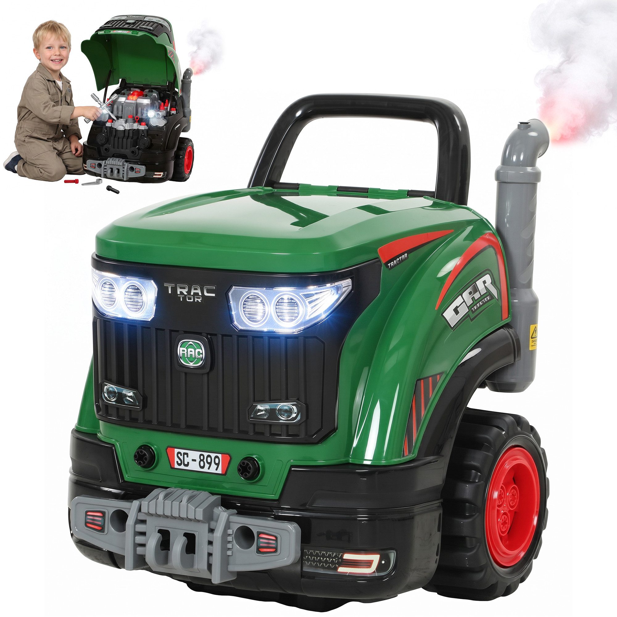 AIYAPLAY Spielzeug-Auto Autoreparaturset mit Lenkrad, (Set, 1-tlg., Motor-Spielset), Licht, Sound, Nebel, 55 Zubehörteile