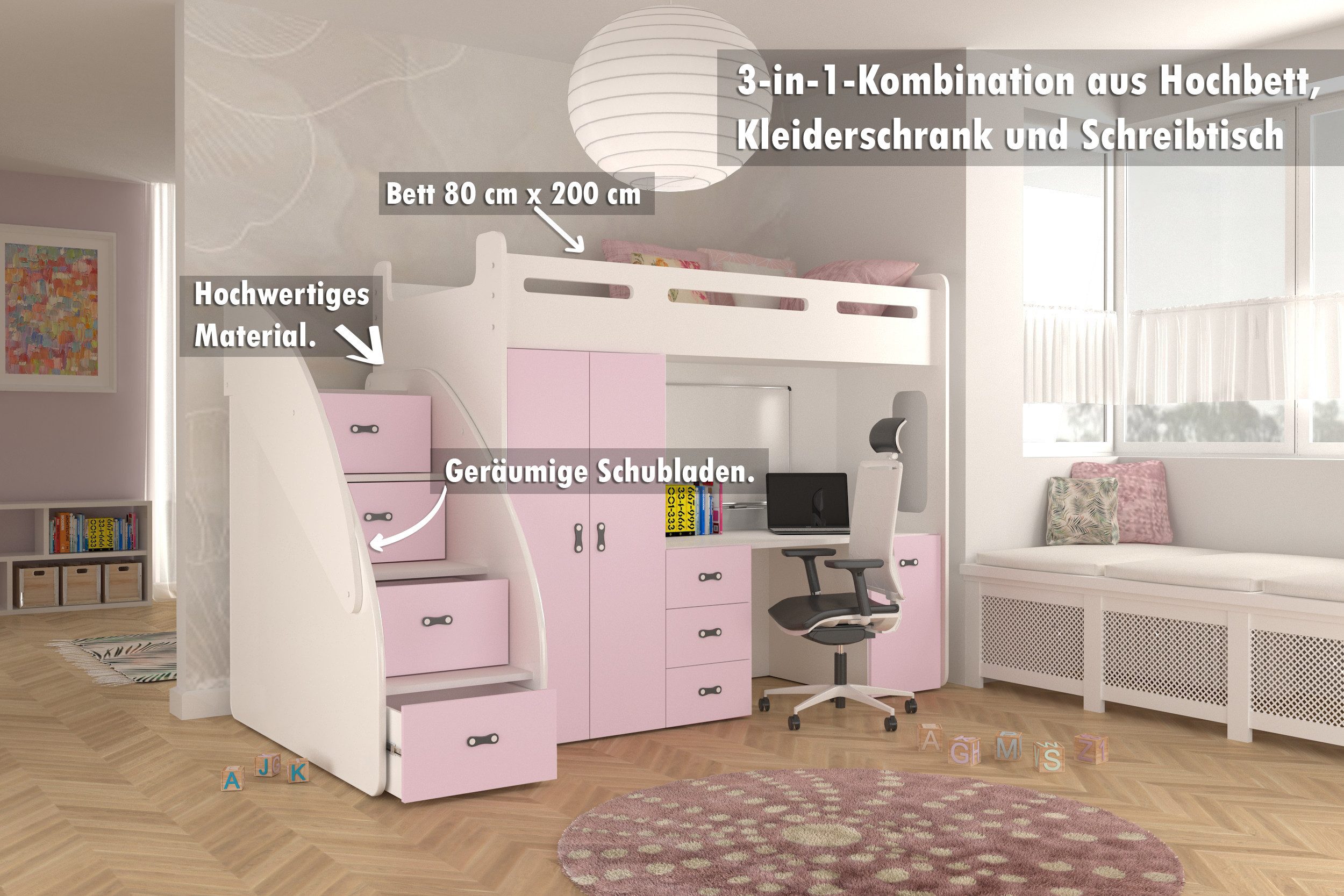 thematys Etagenbett 80x200cm mit Treppe, Schrank und Schreibtisch Hochglanz (für Jungen und Mädchen, Jugendbett, Kleiderschrank, Kinderzimmer, 3 in 1, 180cm x 1 – Bild 2 von 5