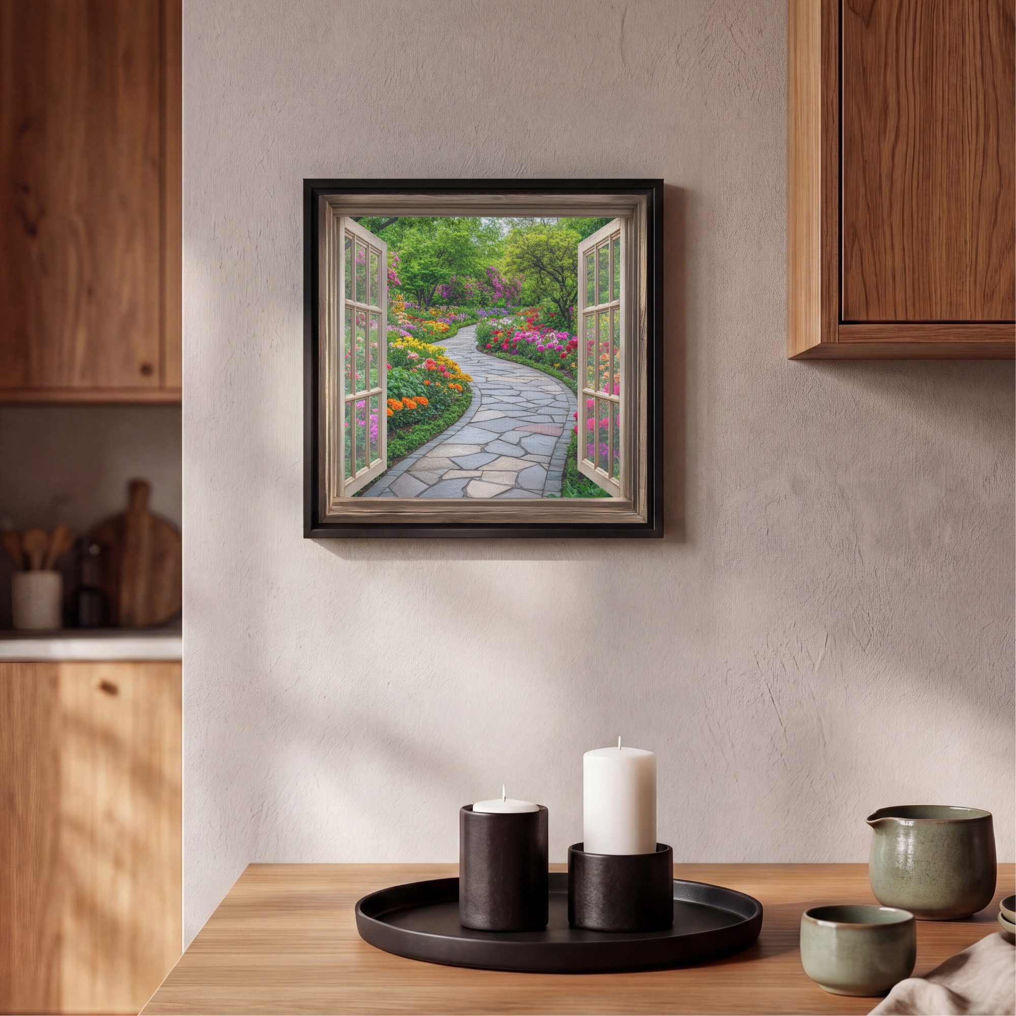 OneMillionCanvasses® Leinwandbild mit Rahmen - Aussicht - Blumen - Gartenweg - Natur - Fenster, Fotodruck (1 St), Leinwand Bilder Klein, Wand Dekoration Aesthetic 20x20cm