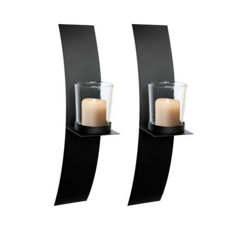 LEX Kerzenständer 2er-Set Wandkerzenhalter Wandlicht schwarz Metall mit Glas  Wanddeko, Wandkerzenhalter 2er-Set m. Glaskerzenhalter, 29x9x6 cm