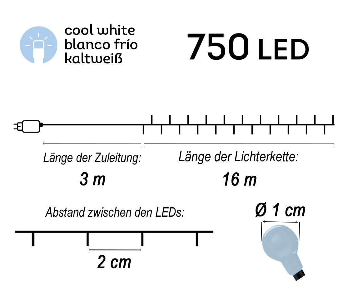 verschiedenen Lumineo LEDs LED Netzteil, Außen Innen 8 Funktionen 8 Lichterkette die Lichtfunktionen Kaltweiß mit Steuerung mehrere für am 16m LED-Lichterkette 750 Farben,