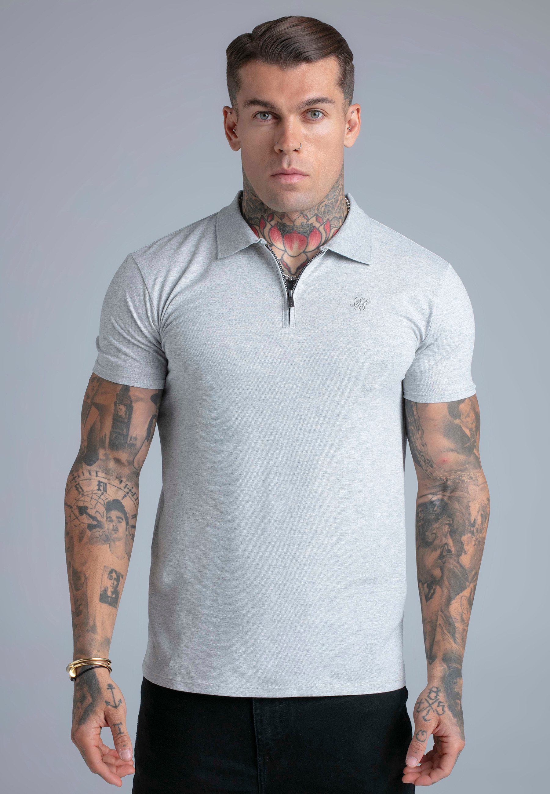 T-Shirt SikSilk Herren Grau Meliert Zip-Polo T-Shirt