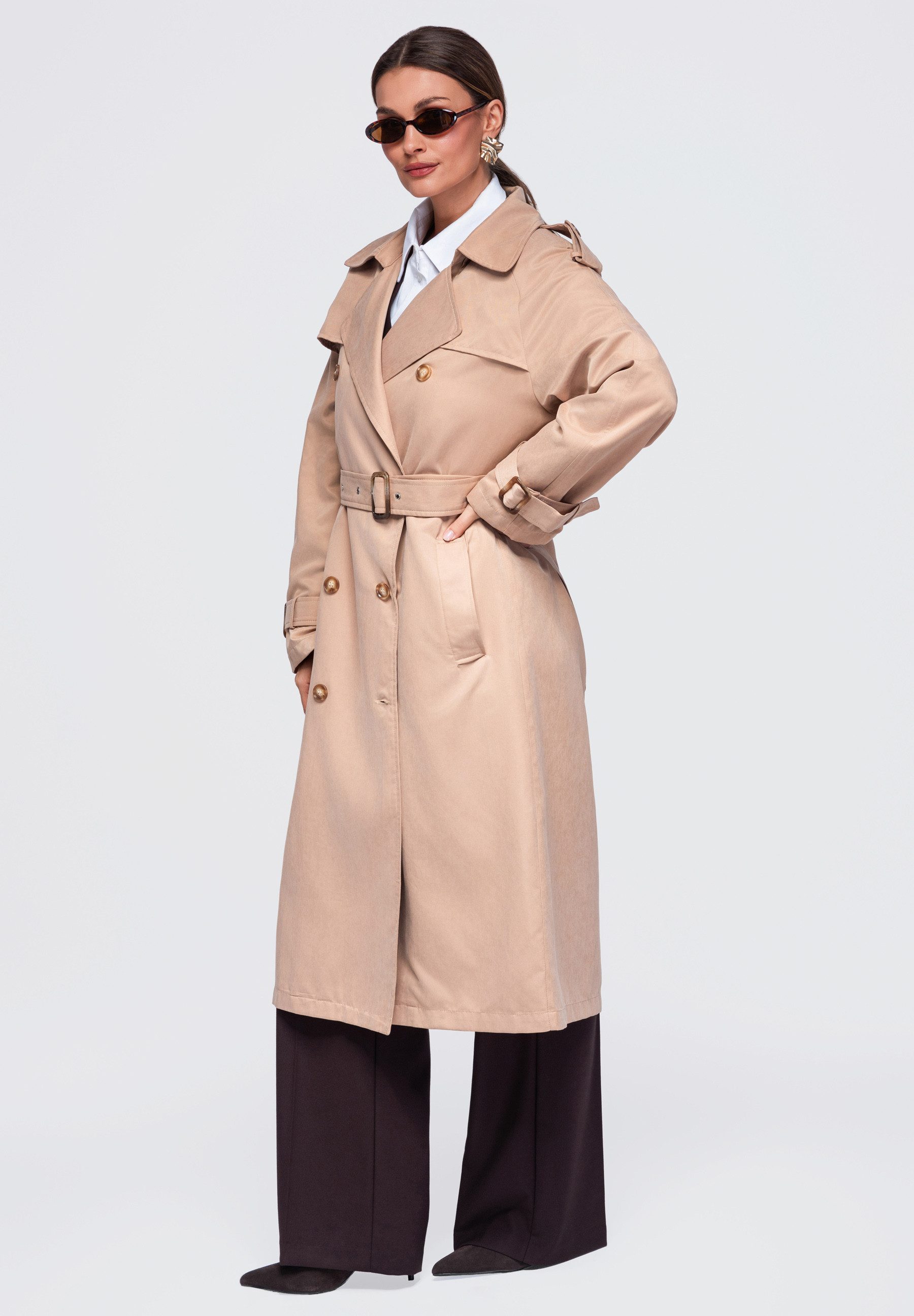 OMBRE Trenchcoat Damen Trenchcoat mit Taillengürtel elegant Beige L (kein Set, 1-tlg)