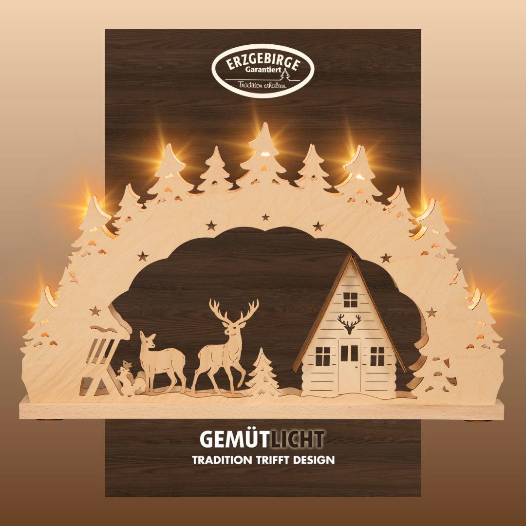 Weigla LED Schwibbogen Waldhaus, Lichterbogen aus Holz, NATUR-BRAUN, Made in Germany (1-tlg), Erzgebirge garantiert, Weihnachtsdeko Innen, Weihnachtsbeleuchtung
