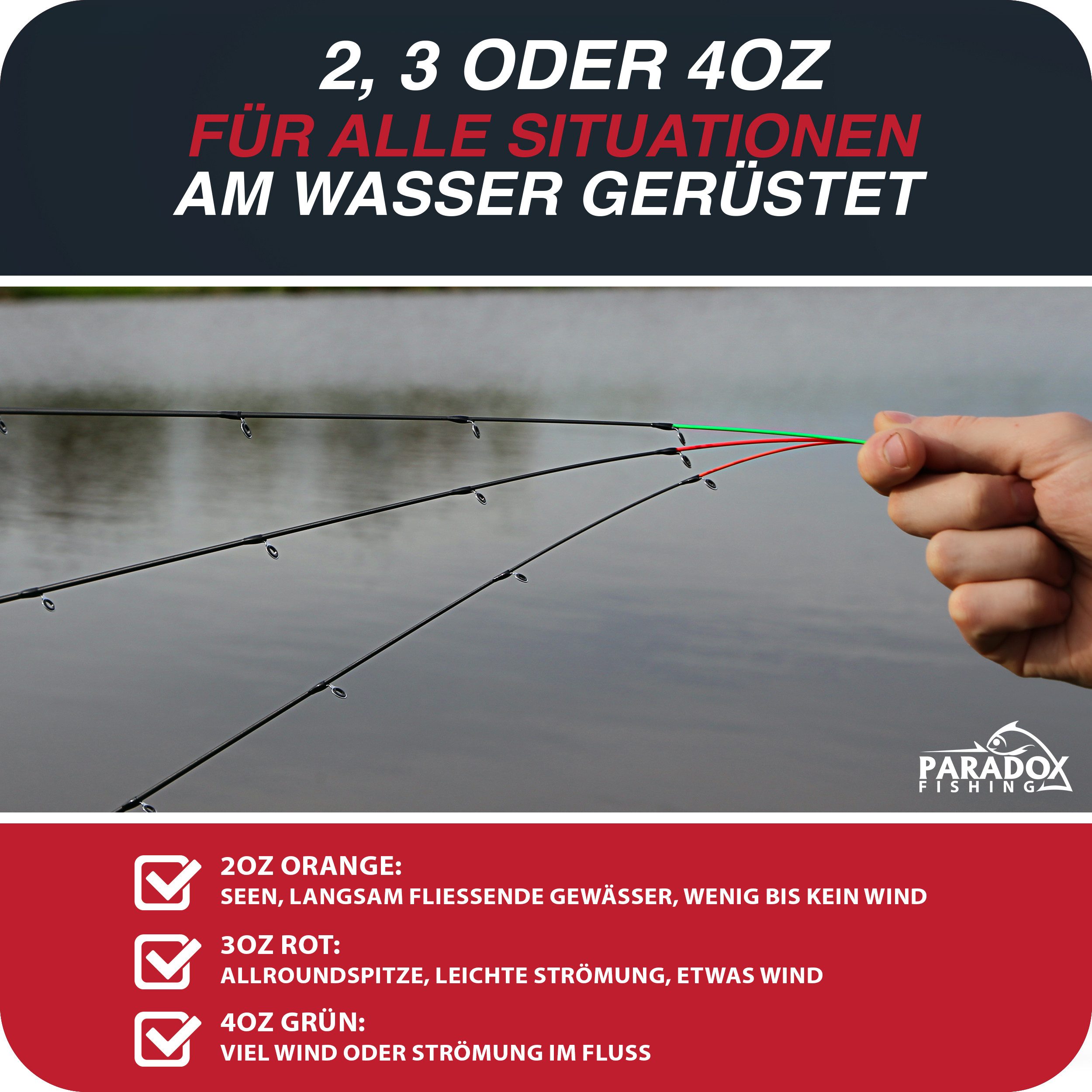 Paradox Fishing Feederrute Combo Feeder, (Rute + Rolle), 3,3m/3,6m, 90g/120g, 3 Wechselspitzen