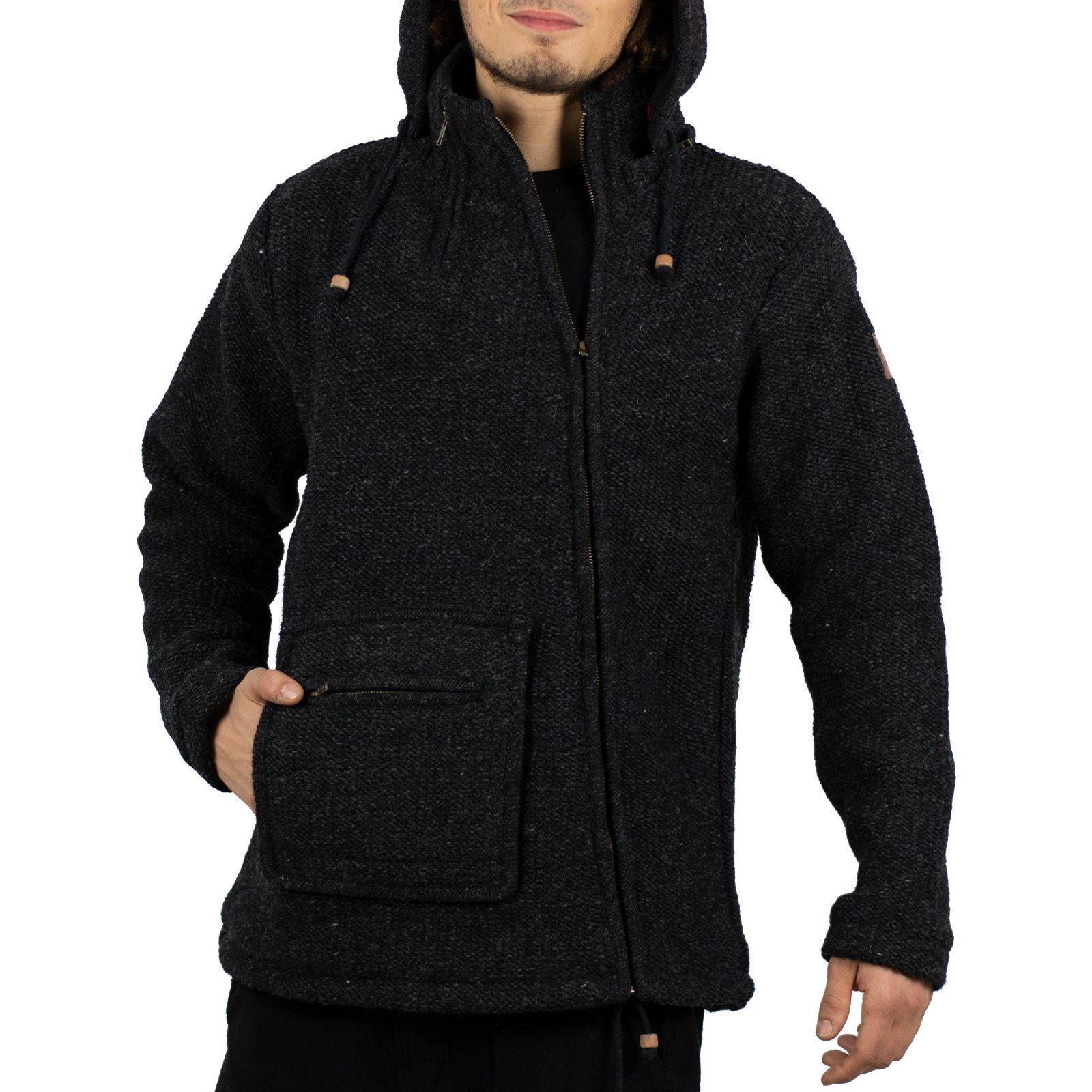 KUNST UND MAGIE Kapuzenstrickjacke Kunst & Magie Unisex Strick- Wolljacke abnehmbare Kapuze Black / Schwarz