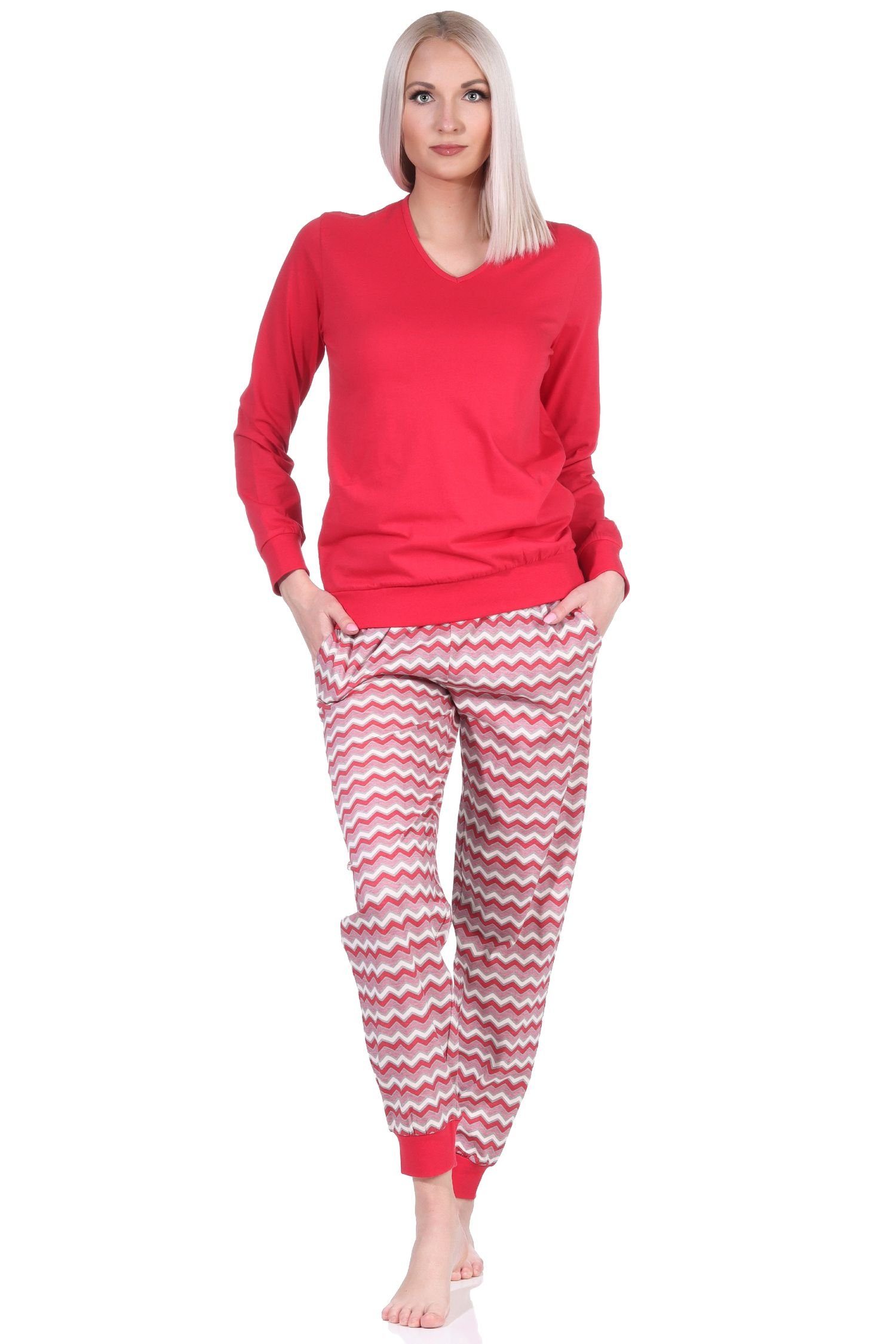 Ethno-Look Normann rot Pyjama, Pyjama im V-Hals mit Bündchen Damen lang & Schlafanzug