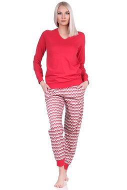 Normann Pyjama Damen Pyjama, Schlafanzug lang mit V-Hals & Bündchen im Ethno-Look