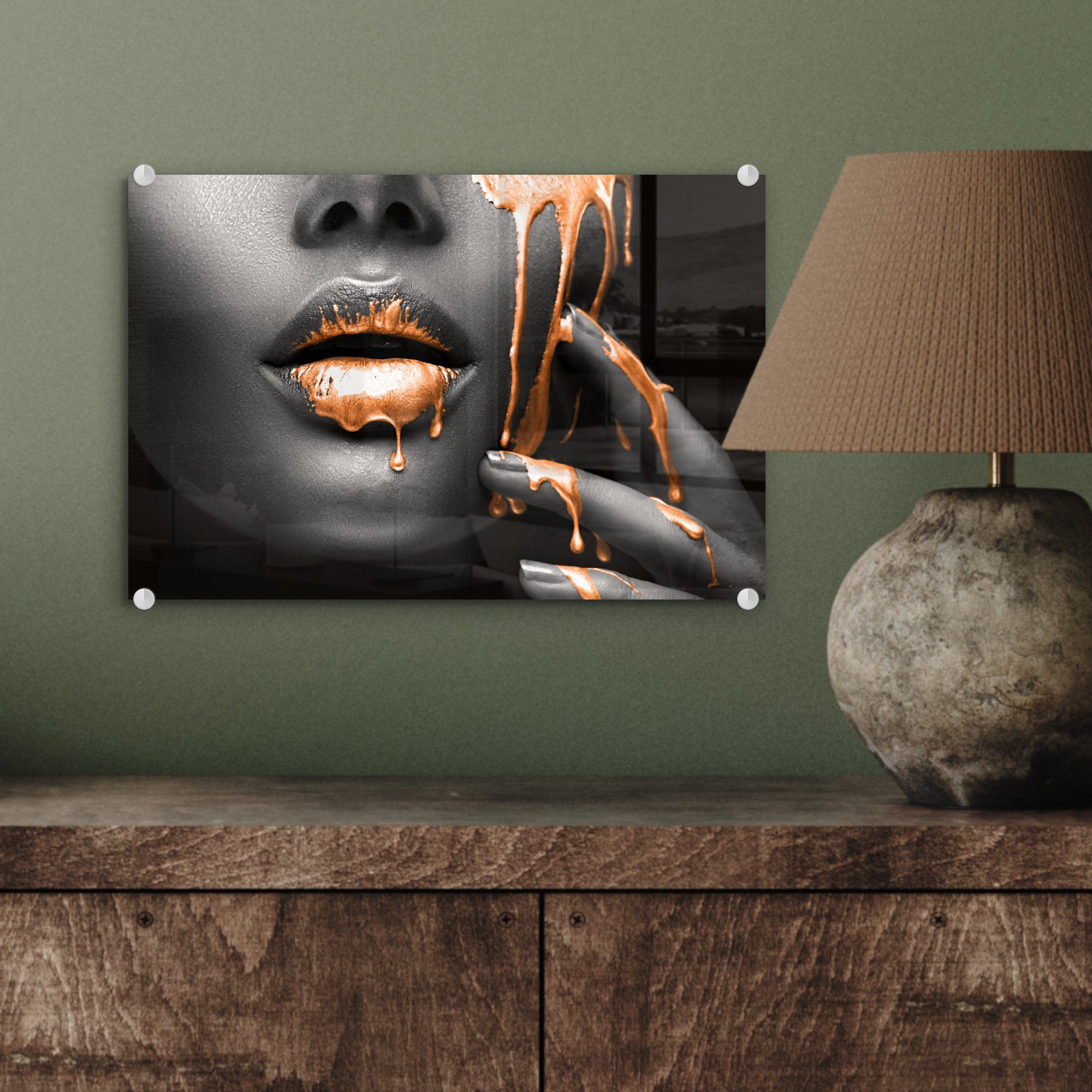 MuchoWow Acrylglasbild Lippen Glas Wandbild auf Wanddekoration St), auf Glas (1 - - Schwarz, Orange Glasbilder - - - Bilder Foto