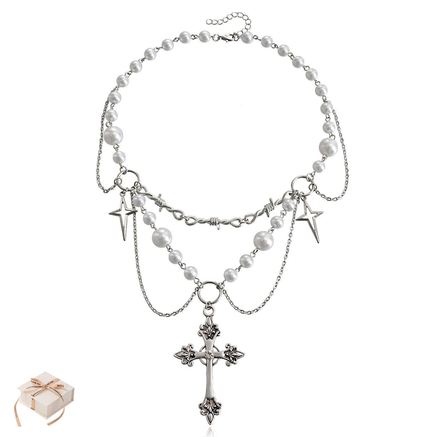 Invanter Gliederketten-Set Doppellagige Halskette mit Kreuzimitationsperle und Quaste für Damen