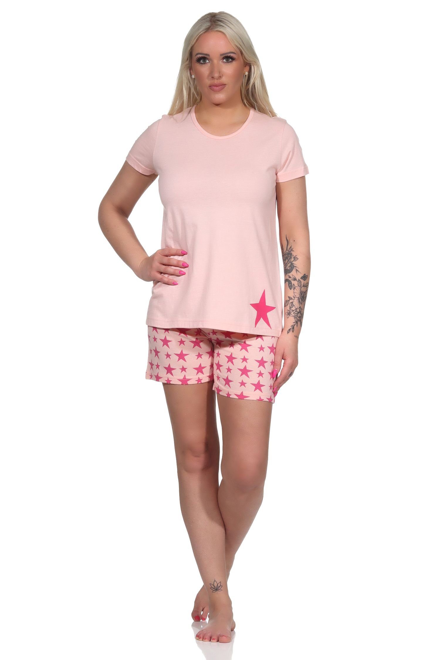 Normann Pyjama Kurzer Damen Pyjama, Shorty Schlafanzug in tollem Sterne-Dessin rosa
