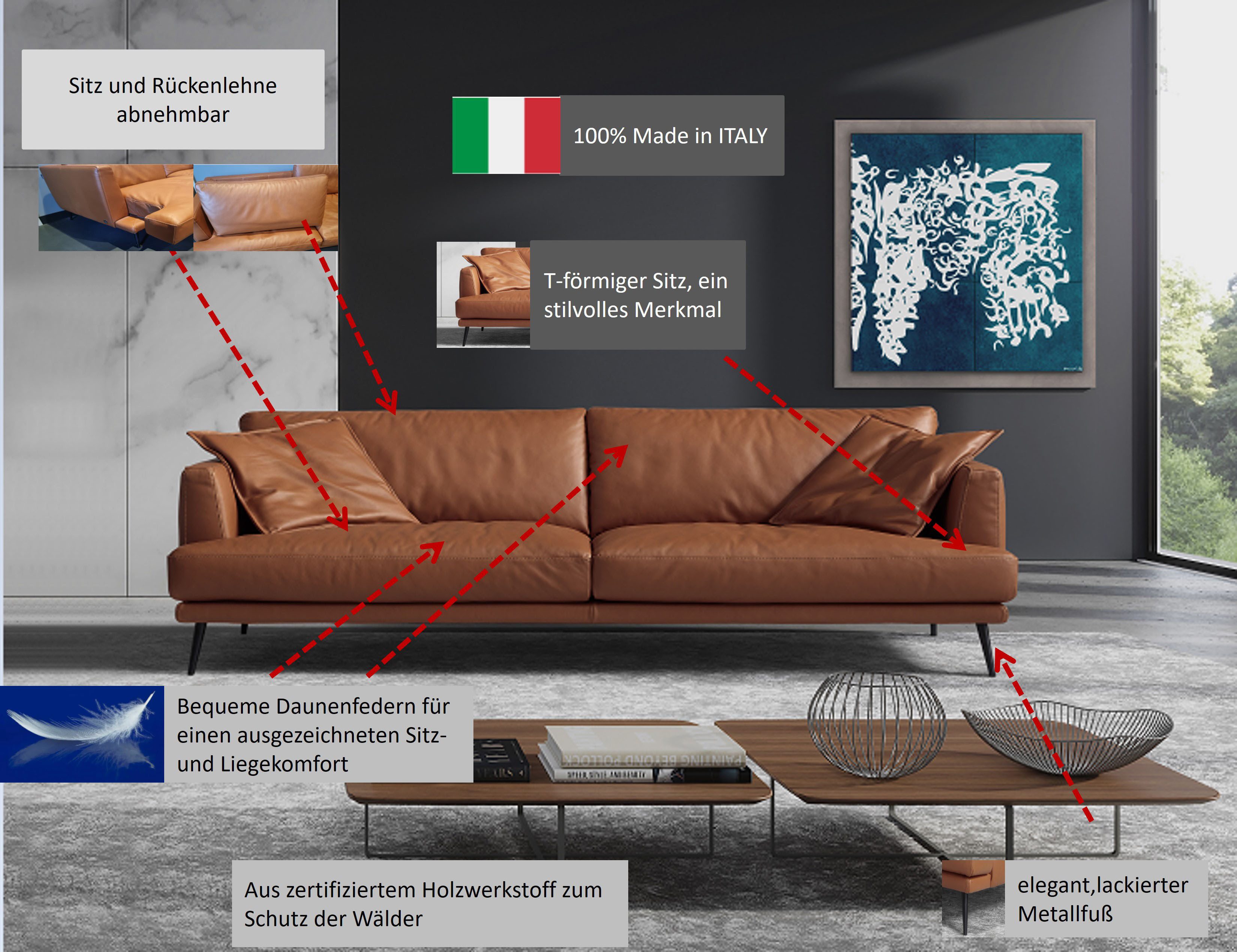 Egoitaliano 2,5-Sitzer Sophia, Designsofa mit extrakomfortablem Sitzkomfort, Daunenfederung, inkl. 2 Kissen