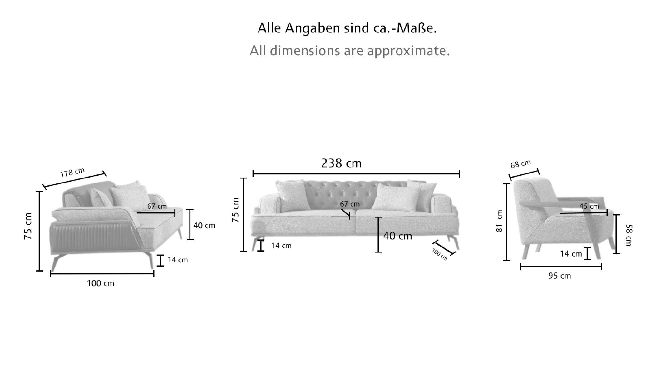 Polstergarnitur inkl. Aufbauservice, mit Knopfheftung FSM Rücken (Spar-Set) ANKA, MÖBEL Beige