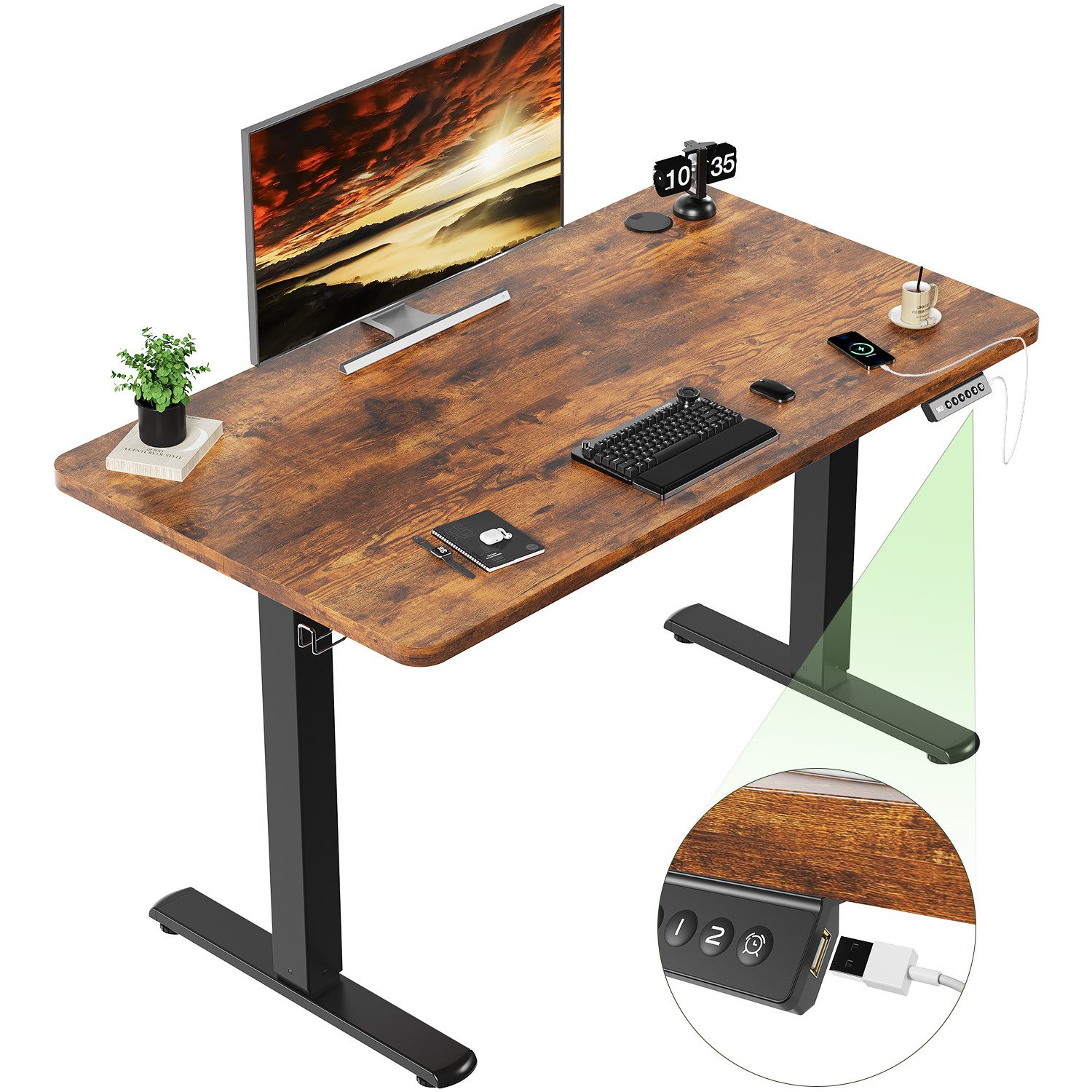 Furnicopia Schreibtisch Höhenverstellbarer mit USB-Ladefunktion und Wecker-Erinnerung (2 Höheneinstellungen 5 Farben und 6 Größen fur eine Vielzahl von Arbeits- und Lernumgebungen)