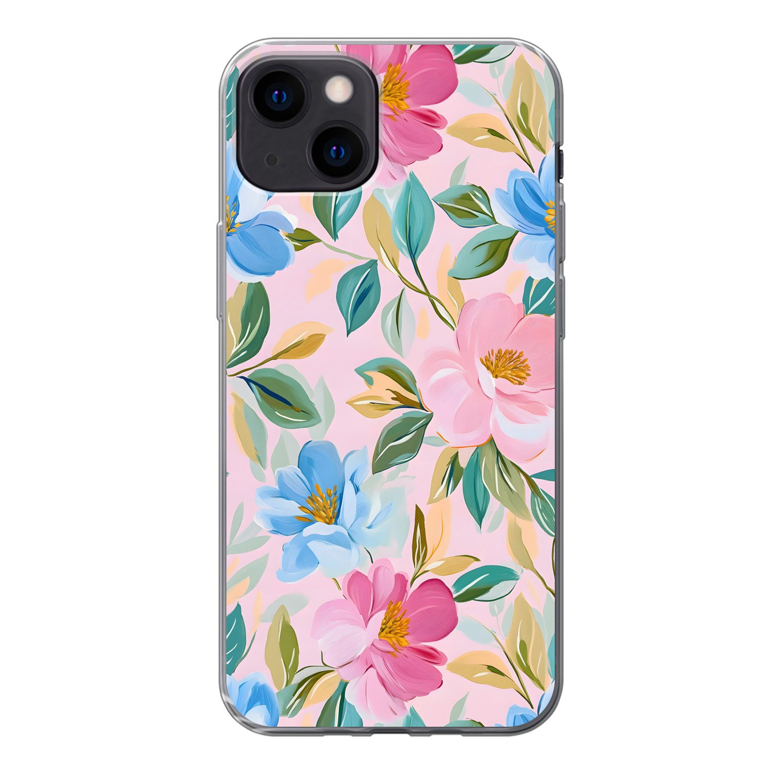 MuchoWow Handyhülle für Apple iPhone 13 Blau - Rosa - Blumen, Smartphone-Bumper, Print, Handy Schutzhülle Dünn