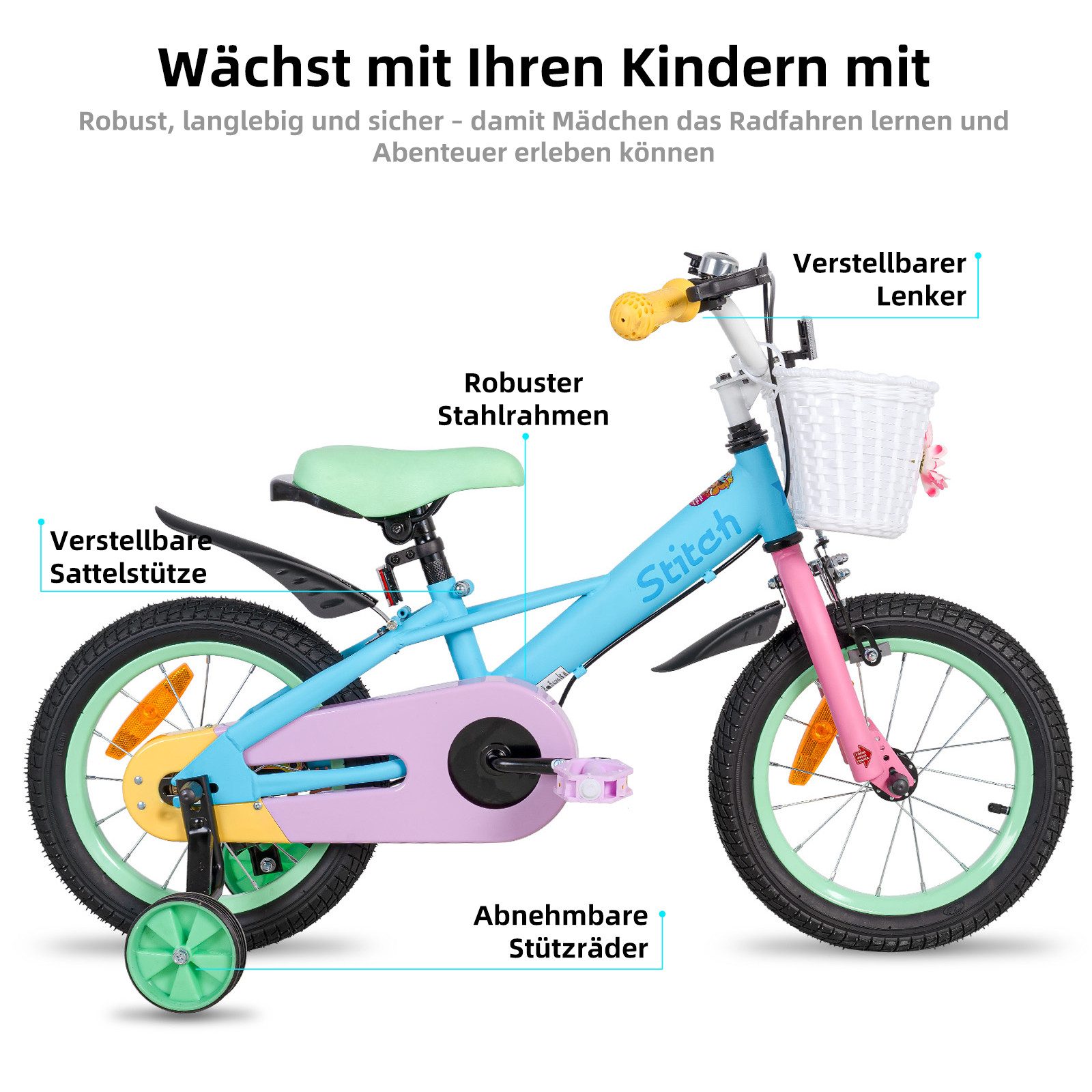 JOYSTAR Kinderfahrrad Macarons 12 14 16 18 Zoll fahrrad für 2-9 jährige Mädchen & Jungen, mit Korb,Stützrädern, Kotflügel, Korb, Fahrradklingel, Reflektorplatte