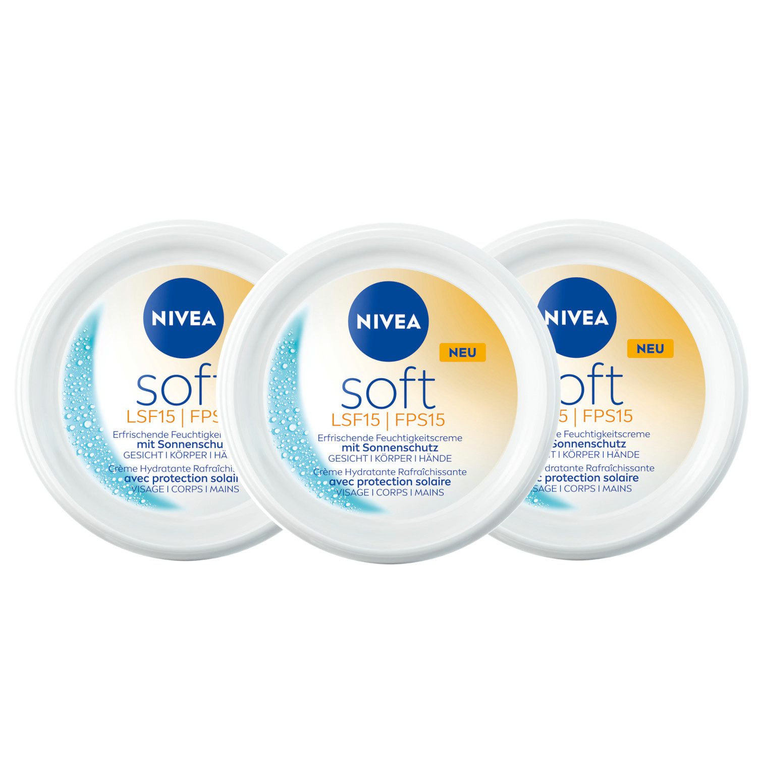 Nivea Feuchtigkeitscreme Soft mit Sonnenschutz Lichtschutzfaktor 15 3 x 100 ml, 3-tlg., 48h+ Feuchtigkeit, UVA- und UVB Schutz, Jojobaöl