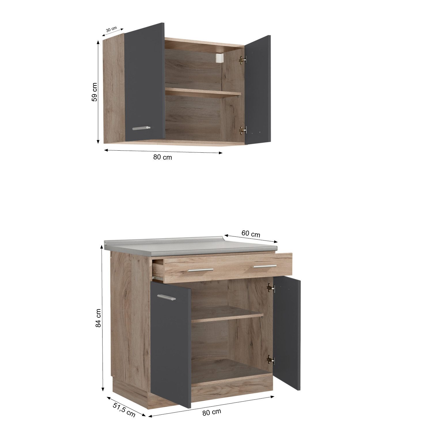 Homestyle4u Küchenzeile 80 cm ohne Geräte klein Singleküche Küchenschränke Grau matt Eiche, (Oberschränke, Unterschränke, 2 Arbeitsplatten, Einbauküche), Küchenblock, Grau/Braun, Einbauküche