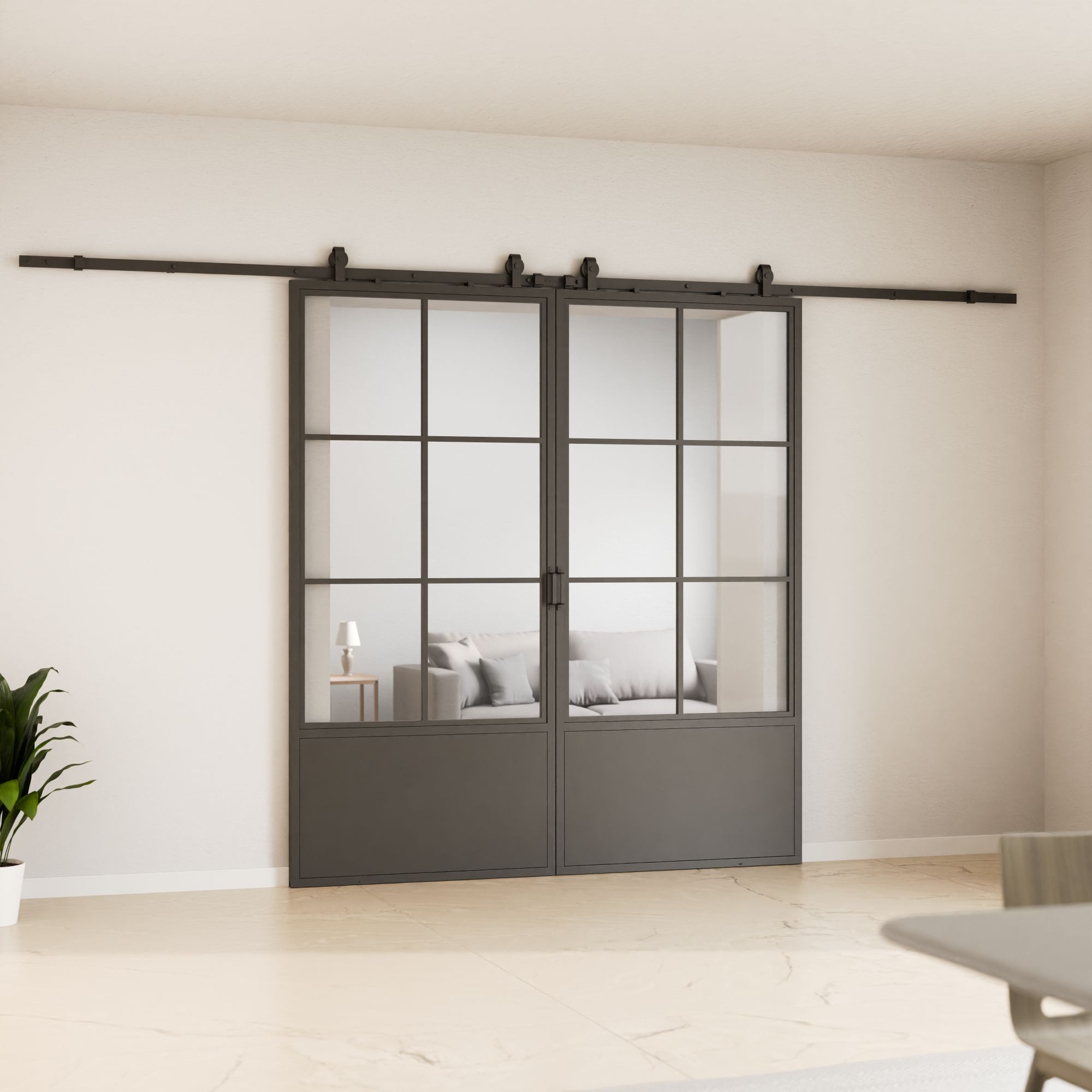 inova wohnen Doppelschiebetür Stahltür schwarz Klarglas, Komplett Set Laufschiene Softclose Loftstyle