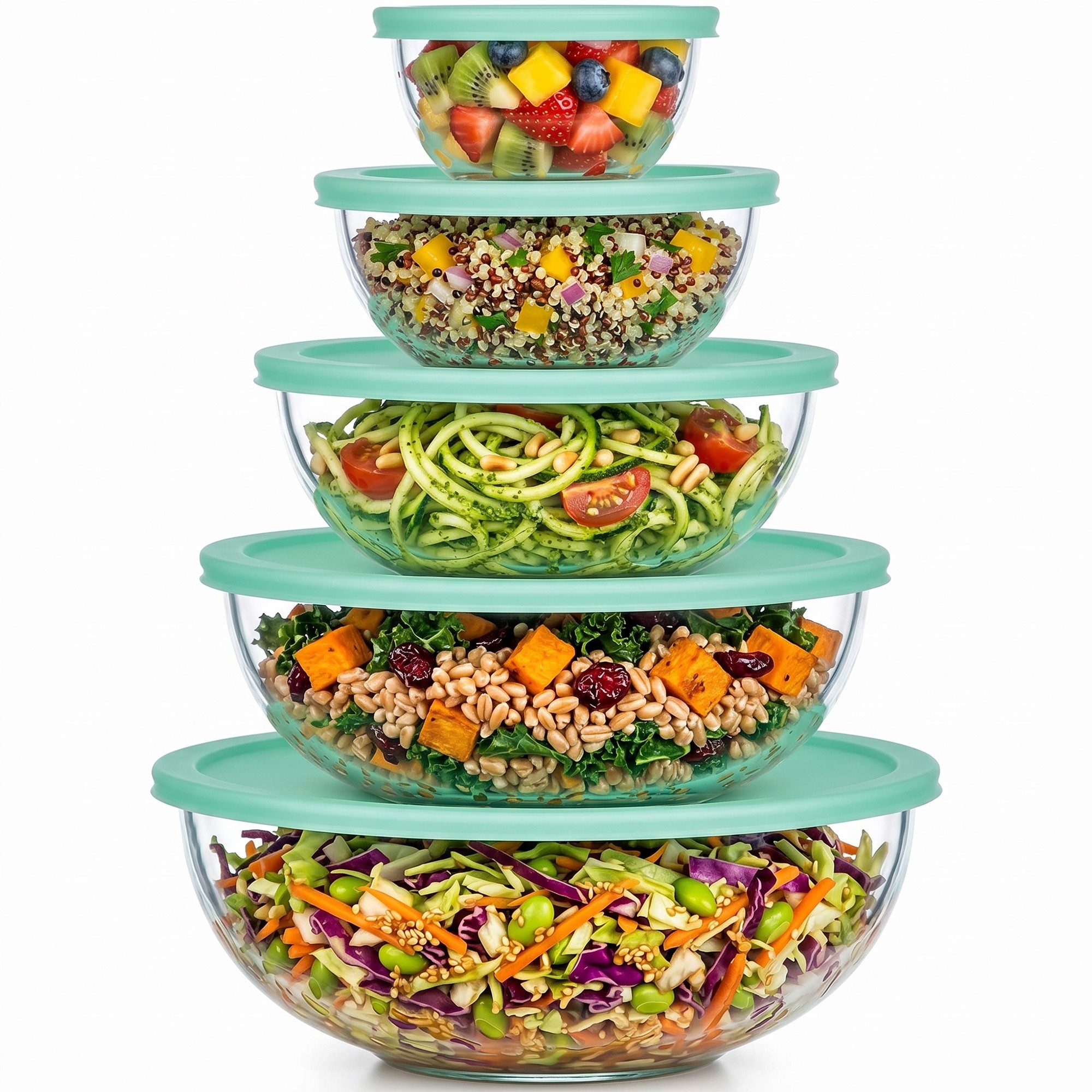 uandu home Vorratsdose 5er Glas-Salatschüssel Set mit Deckel – BPA-frei, (Stapelbar, Spülmaschinen- & Mikrowellenfest, 0.19l-3.3l, Salatschüsseln für Küche & Meal Prep, Borosilikatglas Rührschüssel Set)