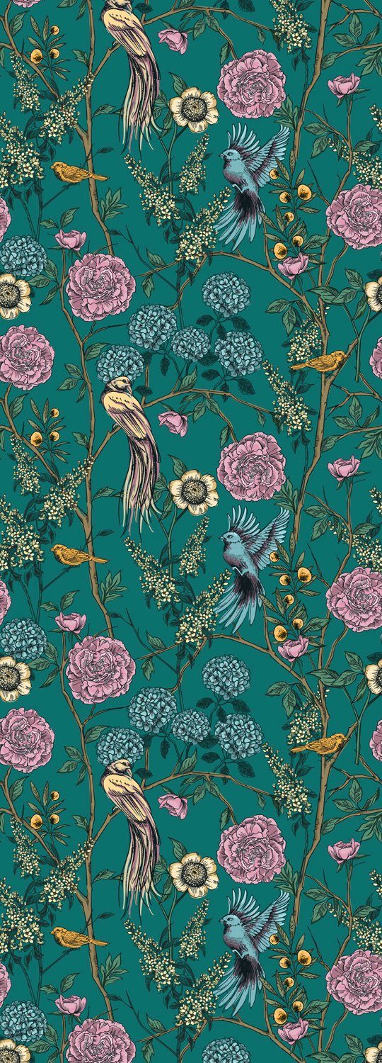 queence Vinyltapete Malena, glatt, floral, bedruckt, natürlich, gemustert, Motiv, botanisch, 90x250cm, selbstklebend, kinderleichte Anbringung, Sticker