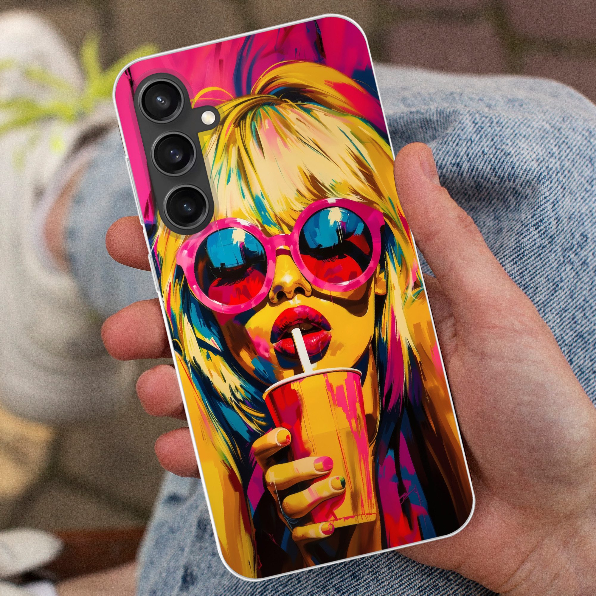 MuchoWow Handyhülle für Samsung Galaxy S23 FE Sonnenbrille - Rosa - Frau - Stroh
