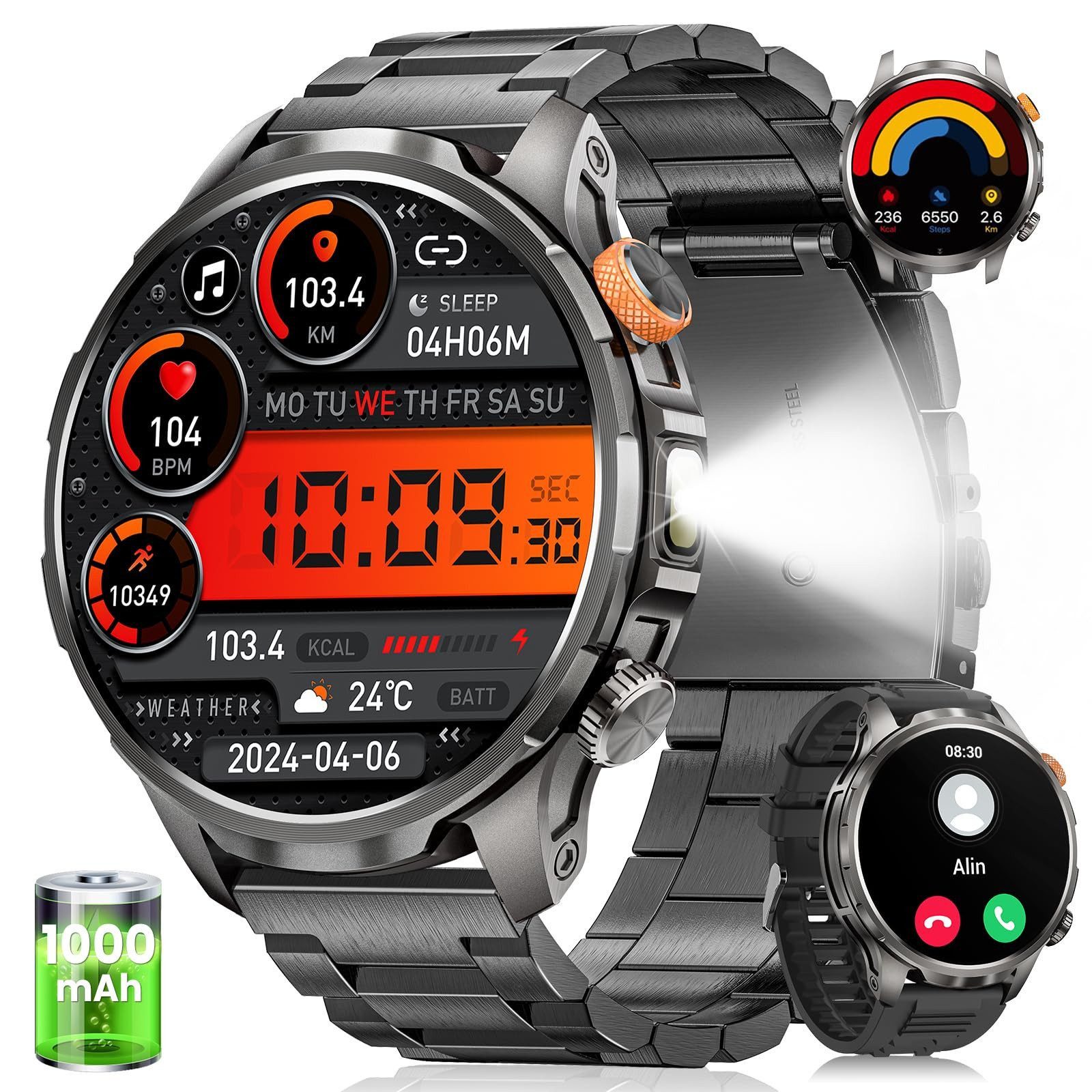 SWGOTA 2026 1000mAh Akku 1.91" AMOLED-Display Militär Smartwatch für Herren Smartwatch Herren Fur Fitnessuhr, IP68 wasserdicht, SpO2-/Herzfrequenz-/Schlafüberwachung für Android und iOS