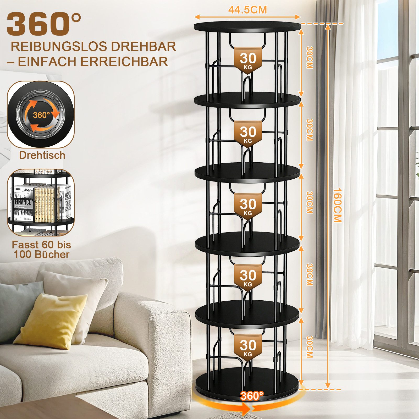 XERSEK Bücherregal 5 Ebenen 360° Drehbares Bookshelf Bodenstehendes Bücherschrank, 1.6m Aufbewahrungsregal Eckregal Spielzeugregal, für Kinderzimmer Wohnzimmer Schlafzimmer Büro Aufbewahrung