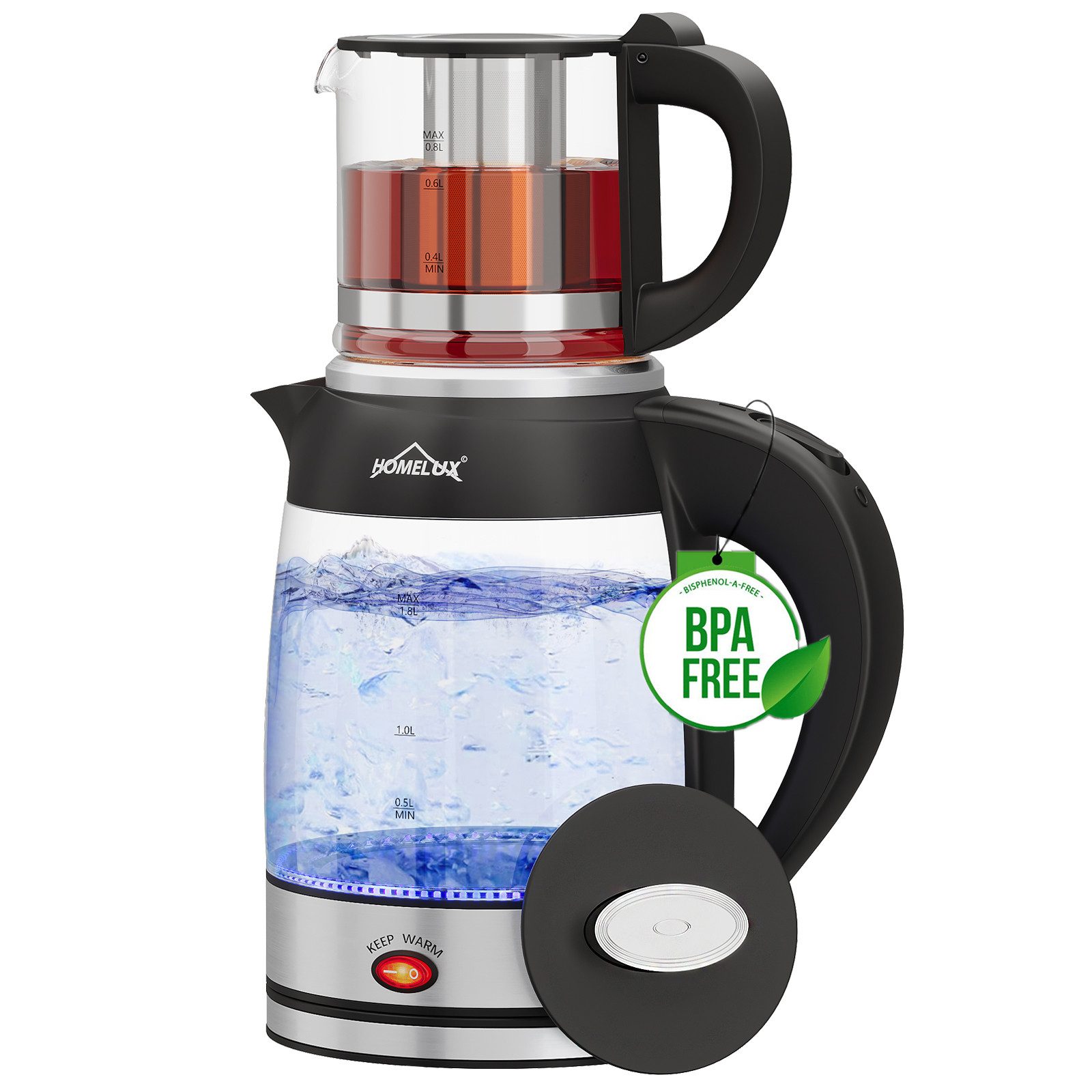 HOMELUX Wasserkocher Teekocher Glas 2in1 Teeautomat Teemaschine mit Funktion Heizung, 1.8 l, 2200 W, Teebereiter mit Teefilter, Trockenkochschutz Abschaltauto