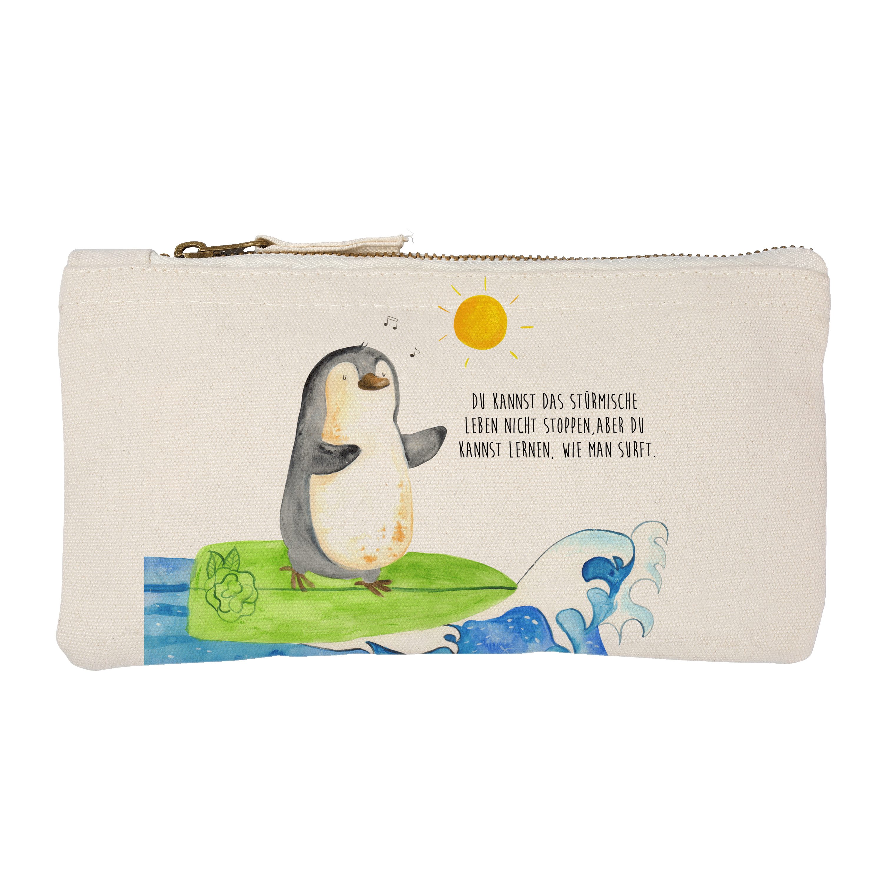 Mr. & Mrs. Panda Kosmetiktasche Pinguin Surfer - Weiß - Geschenk, Damen, optimistisch, Wellen, Stifte (1-tlg)