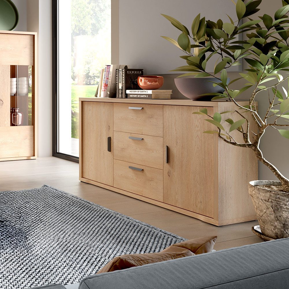 Lomadox Wohnzimmer-Set GENOVA-161, (Mega-Spar-Set, 3-St., Lowboard Highboard Sideboard), Wohnwand in Eiche mit viel Stauraum & Softclose-Funktion