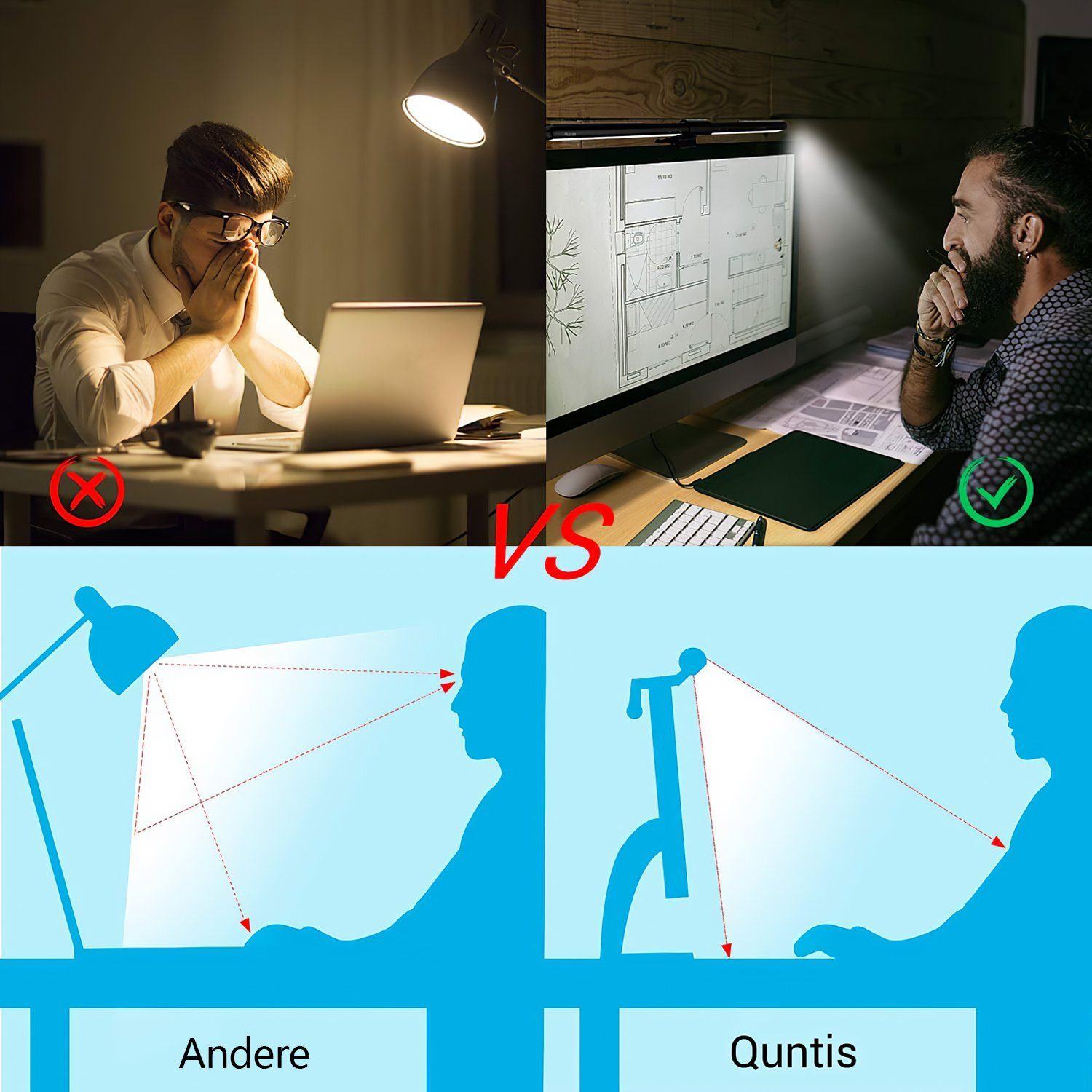 Quntis Klemmleuchte 40cm monitor licht Computer Schreibtischlampe bildschirmlampe, Dimmfunktion, LED wechselbar, Mehrere Helligkeitsstufen, Tageslichtweiß, Screenbar dimmbar, zum klemmen Monitorlampe, klemmleuchte mit kabel