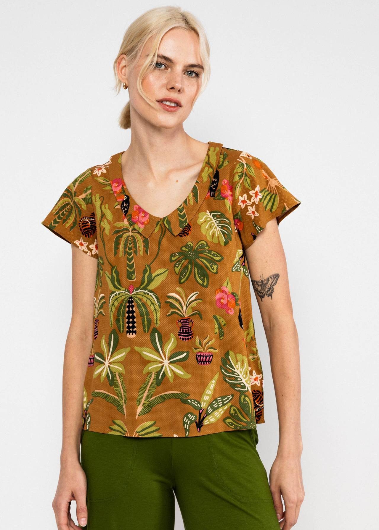 Blutsgeschwister Kurzarmbluse - Feed the Birds - Bluse Damen - Blusentop - Printbluse - Sommerbluse