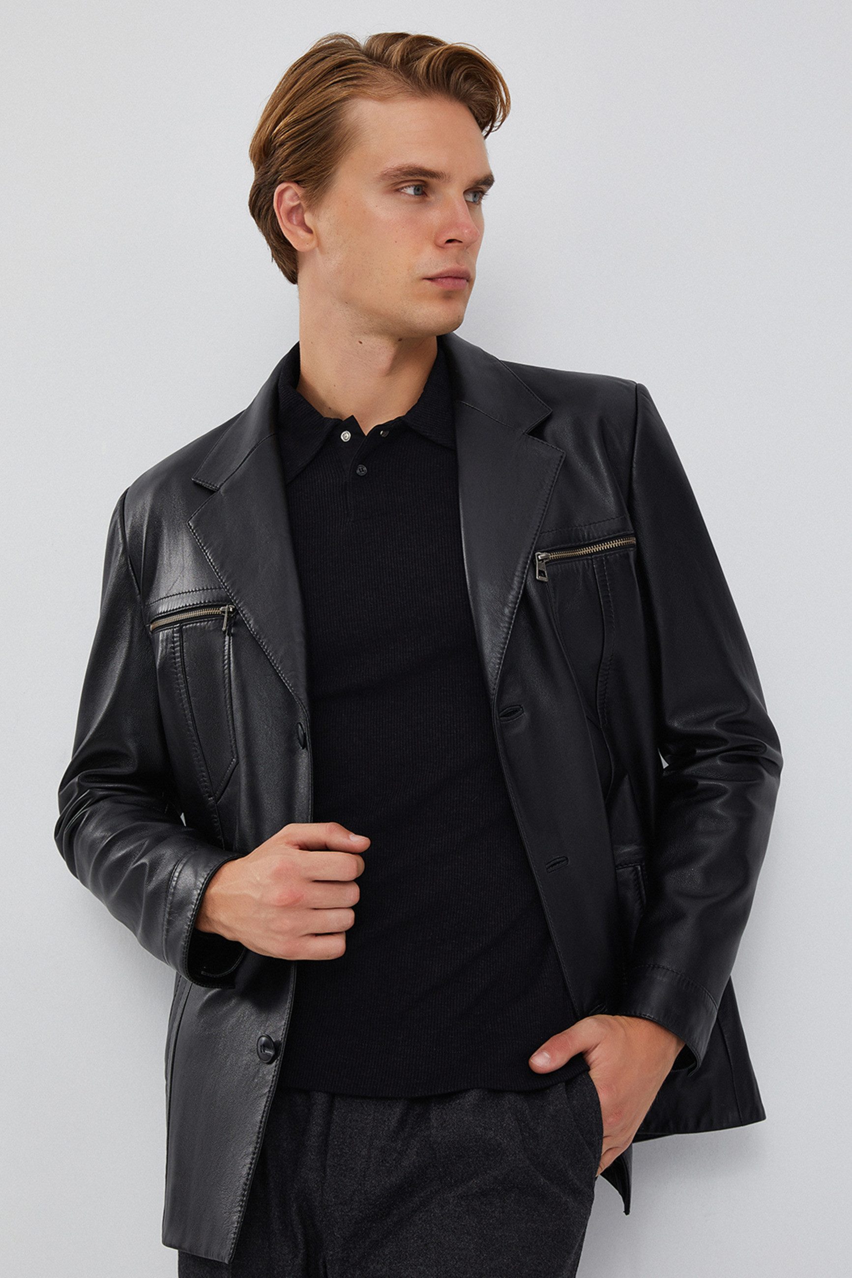 Derimod Lederjacke Bernard Lederjacke Regular Fit, Knopfverschluss, Reverskragen, Kurz, Textilfutter