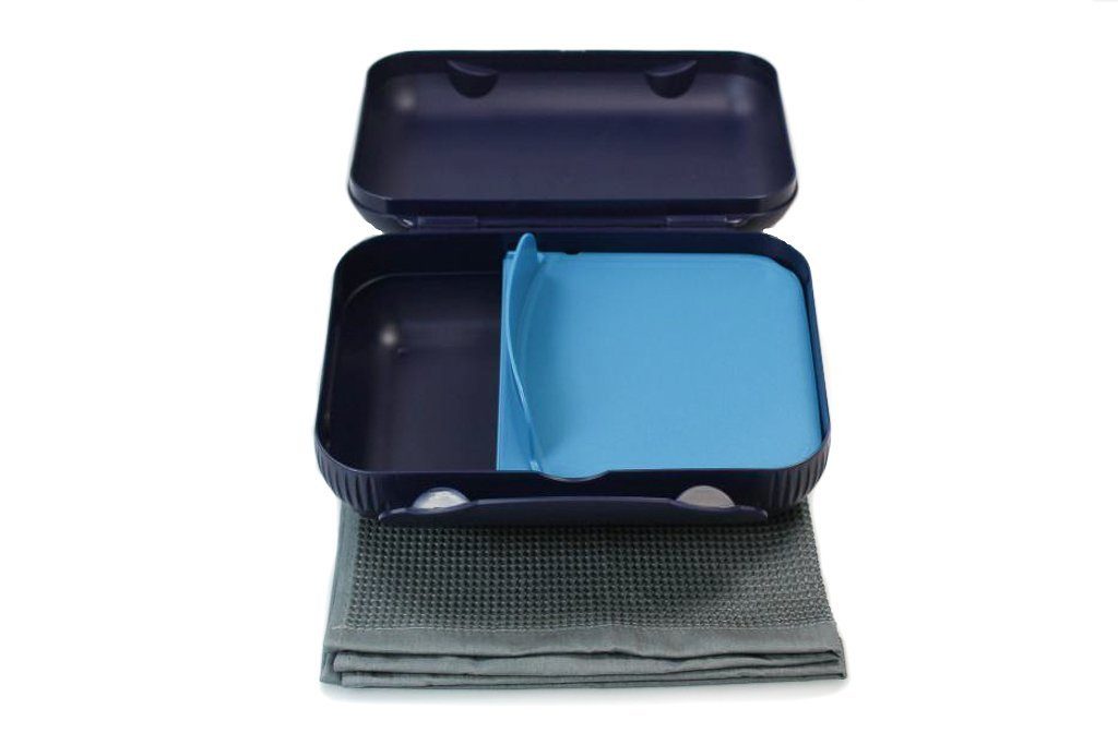 TUPPERWARE Back-Set Lunch-Box DUNKELBLAU mit Trennung türkis +GLASTUCH
