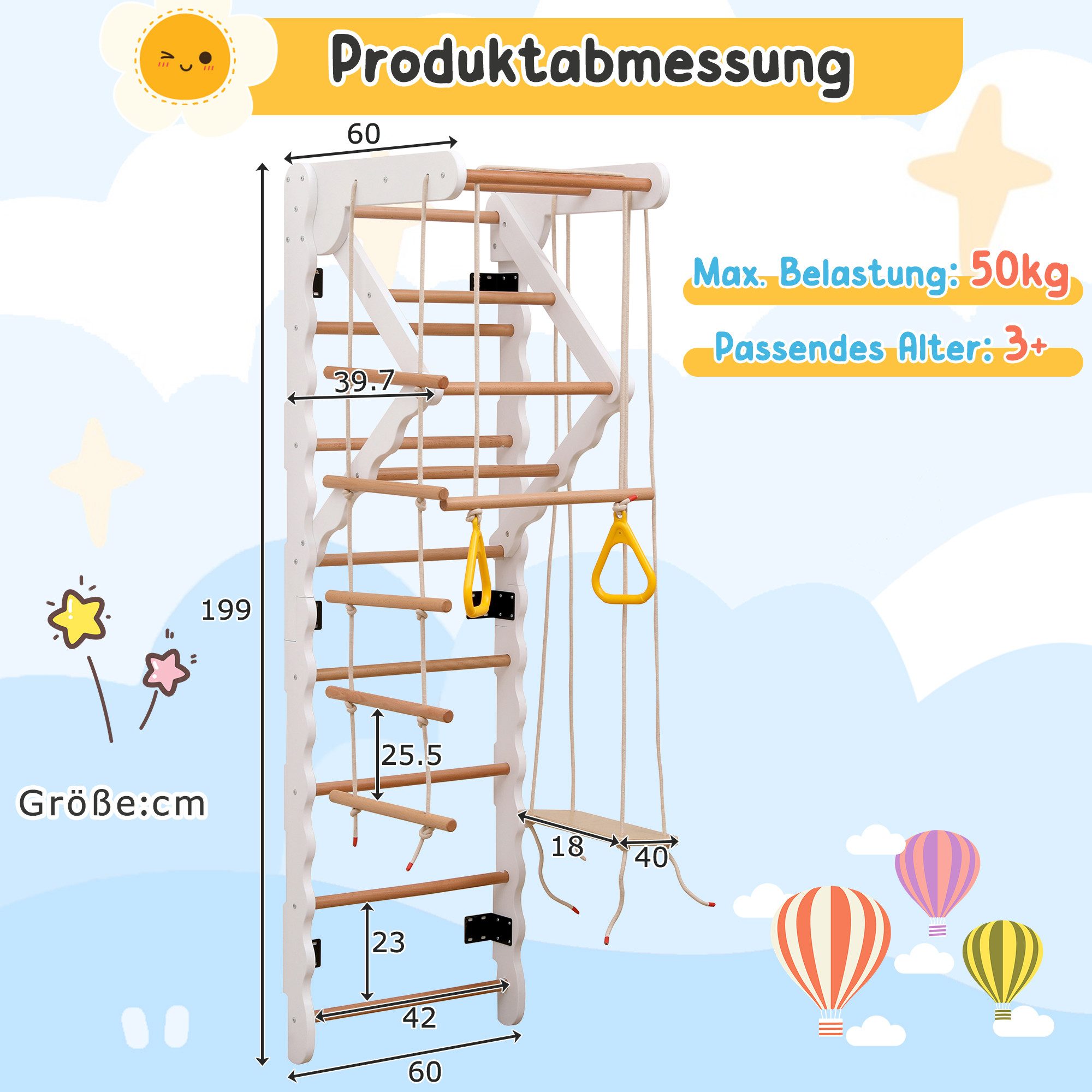 Yoimoimo Klettergerüst 6-in-1 Klettergerüst aus Buche - Mit Rutsche, Schaukel & Ringen