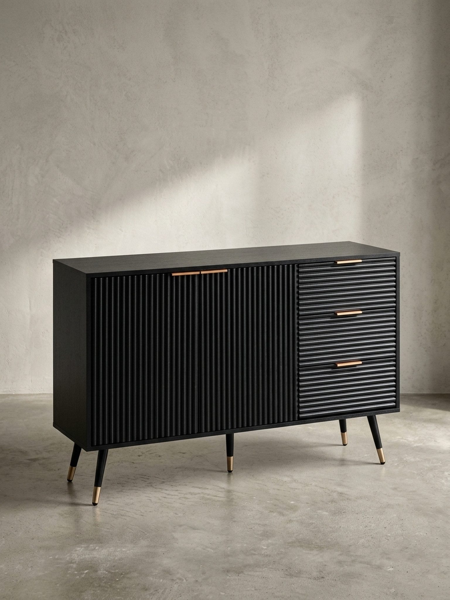 KADIMA DESIGN Kommode Sideboard 120x80x40 cm Anrichte Schwarz mit Eiche-Dekor, Kommode mit (Standschrank Wohnzimmer Metallbeine), Türen und Schubladen, Kommodenschrank Flurschrank Modern