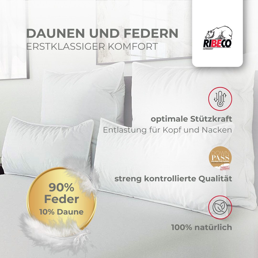 RIBECO Federkissen Johanna Kopfkissen 1-tlg. oder 2-tlg.: 40x80 cm, 80x80 cm erhältlich!, Füllung: 90% Federn & 10% Daunen, Bezug: Baumwolle, Kissen mit DOWNPASS zertifiziert und Made in Germany