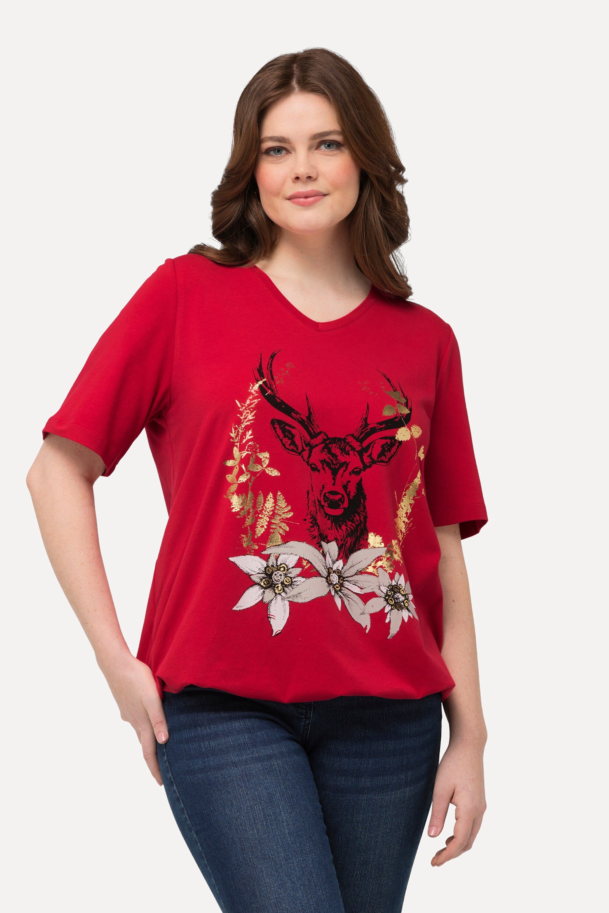 Ulla Popken T-Shirt T-Shirt Trachtenmotiv V-Ausschnitt günstig online kaufen