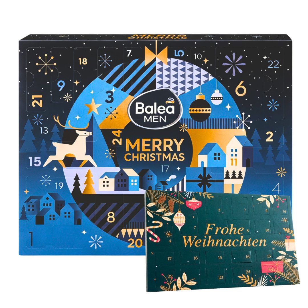 Balea Men Kosmetik-Adventskalender 2026 + Bale Tisch Adventskalender 2er set Herren Pflege Beauty Männer (Set, 48-tlg), 48 tlg - 24 Pflegeprodukte + 24 tlg Adventskalender - Mann