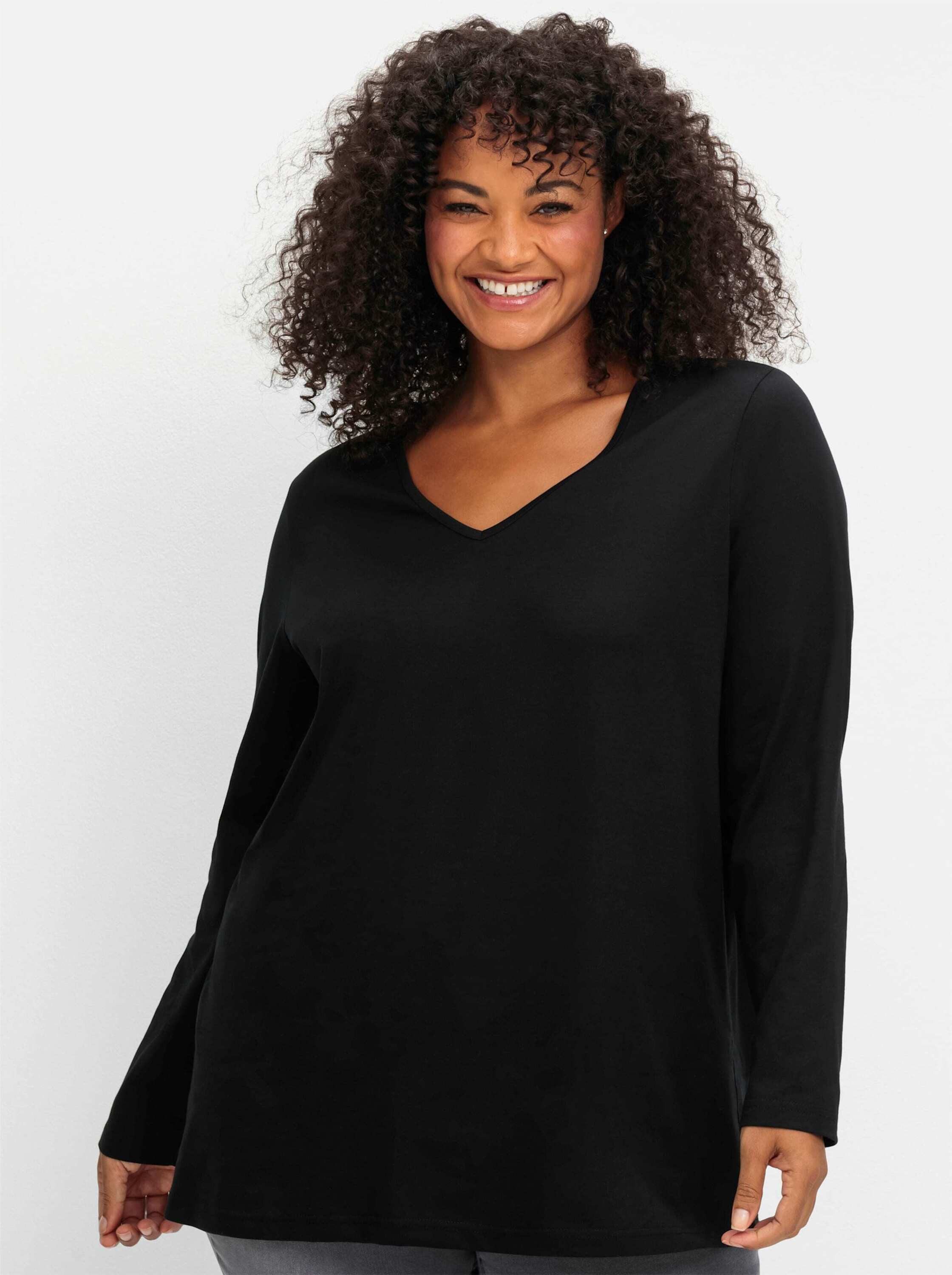 Sheego T-Shirt Langarmshirt Langarm mit V-Ausschnitt und leichter A-Linie