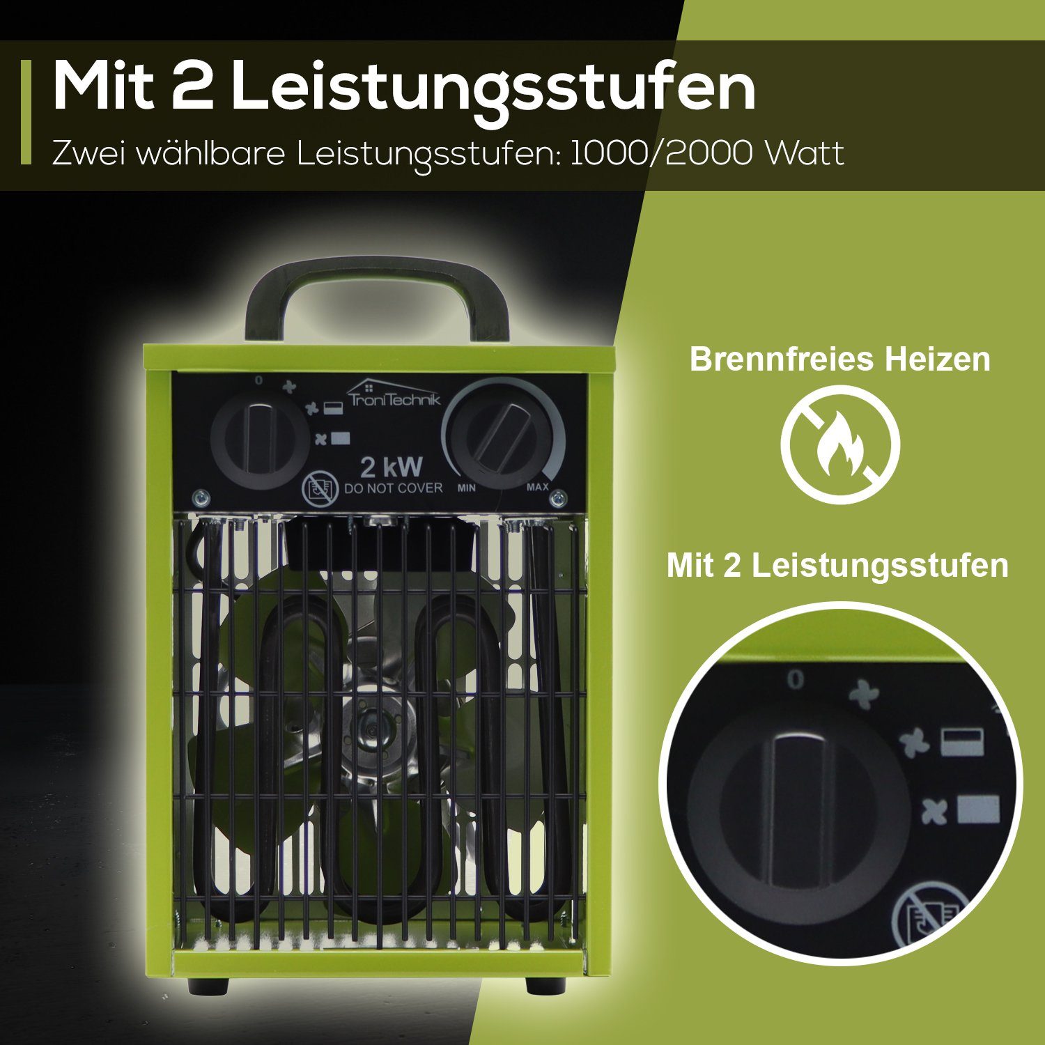 TroniTechnik Heizlüfter Industrieheizung, Heizgerät, Schnellheizer TT-EIH-152,Stahlheizelement, 2000 W, zwei Heizstufen, Überhitzungsschutz und Abschaltautomati – Bild 5 von 5