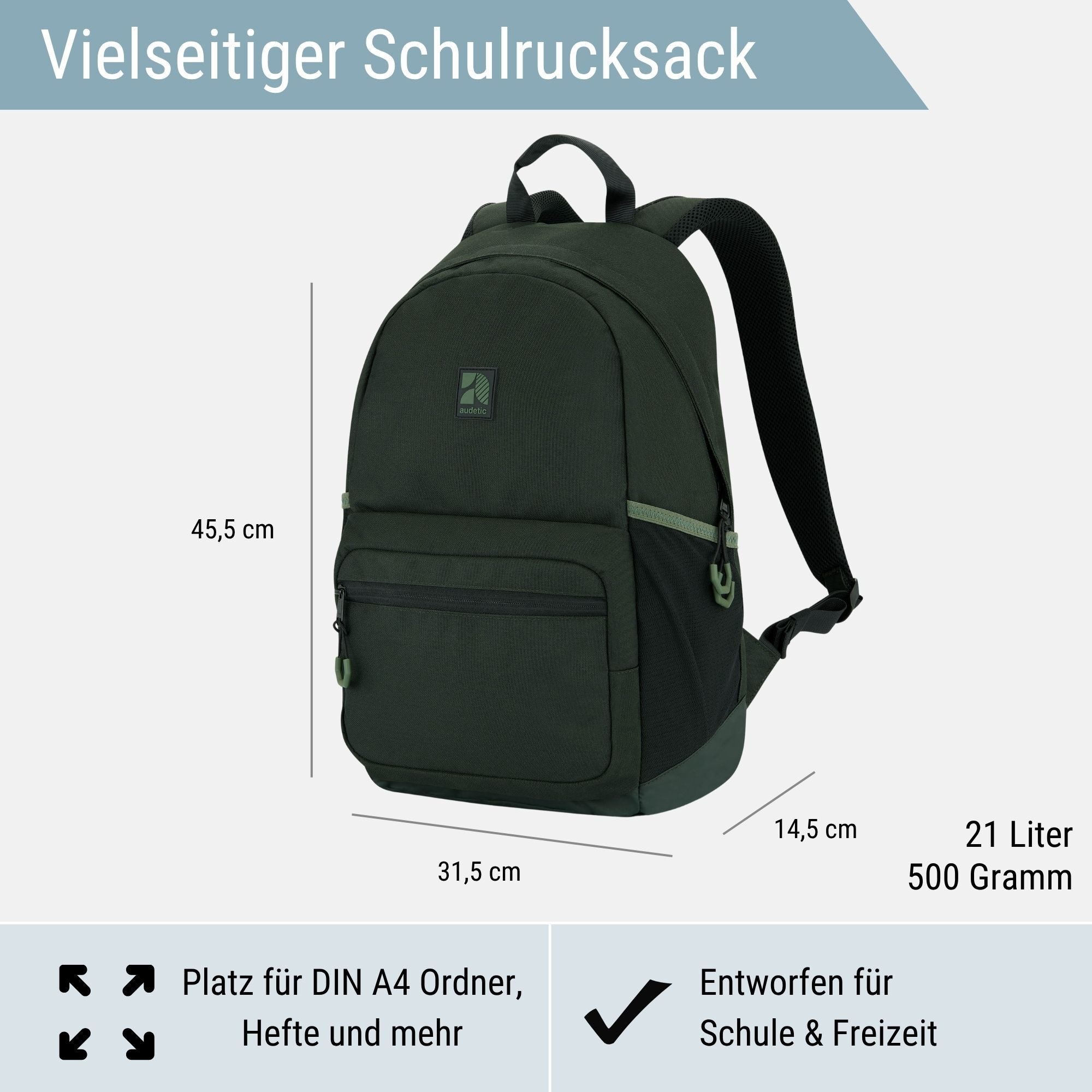 audetic Schulrucksack FLEX Rucksack Schule Schulrucksack Mädchen Jungen, Viele Fächer, Laptopfach, Wasserabweisend